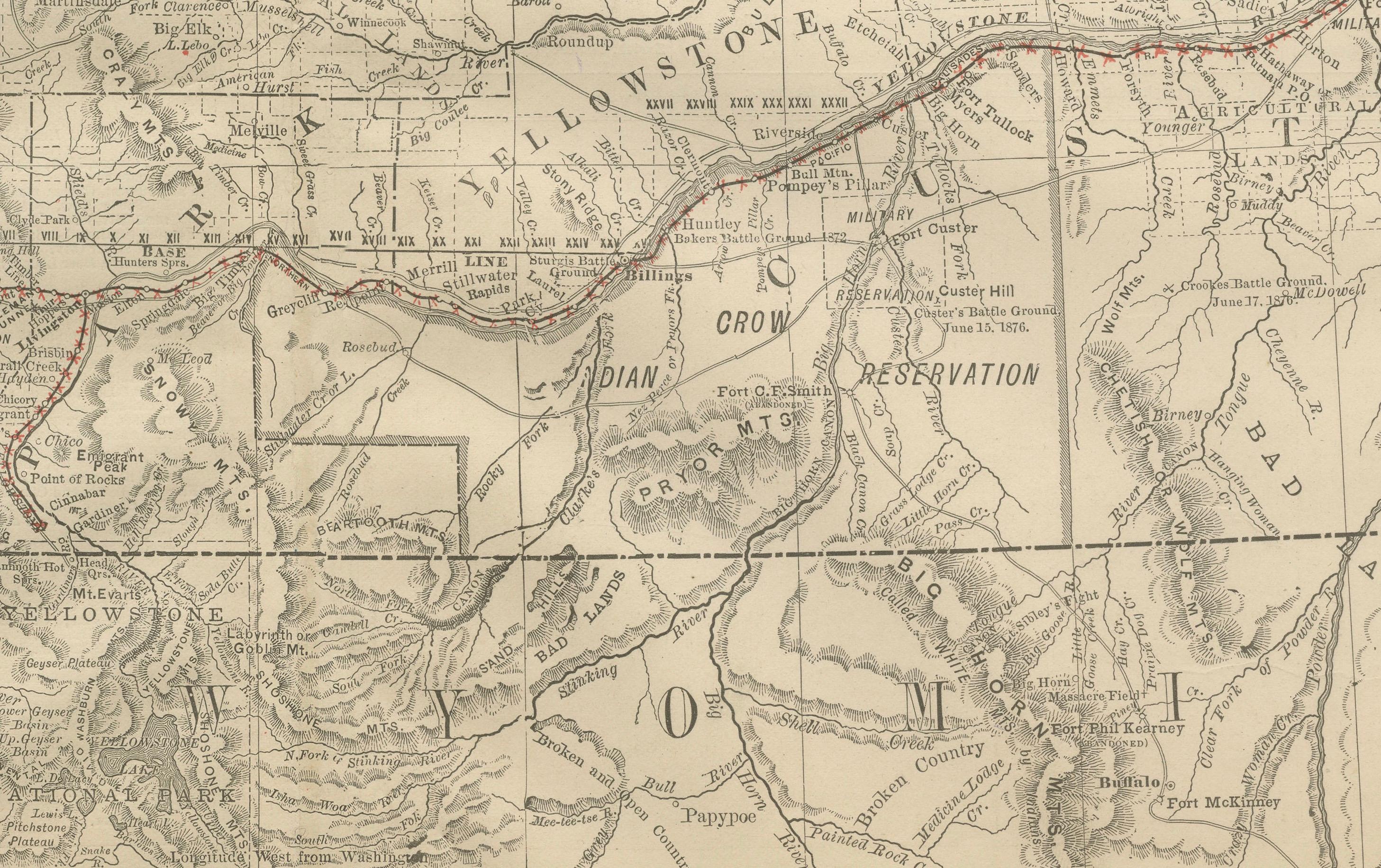 Old Map of Montana – Railroads, Indian Reservations & Frontier Settlements 1888 In Good Condition For Sale In Langweer, NL