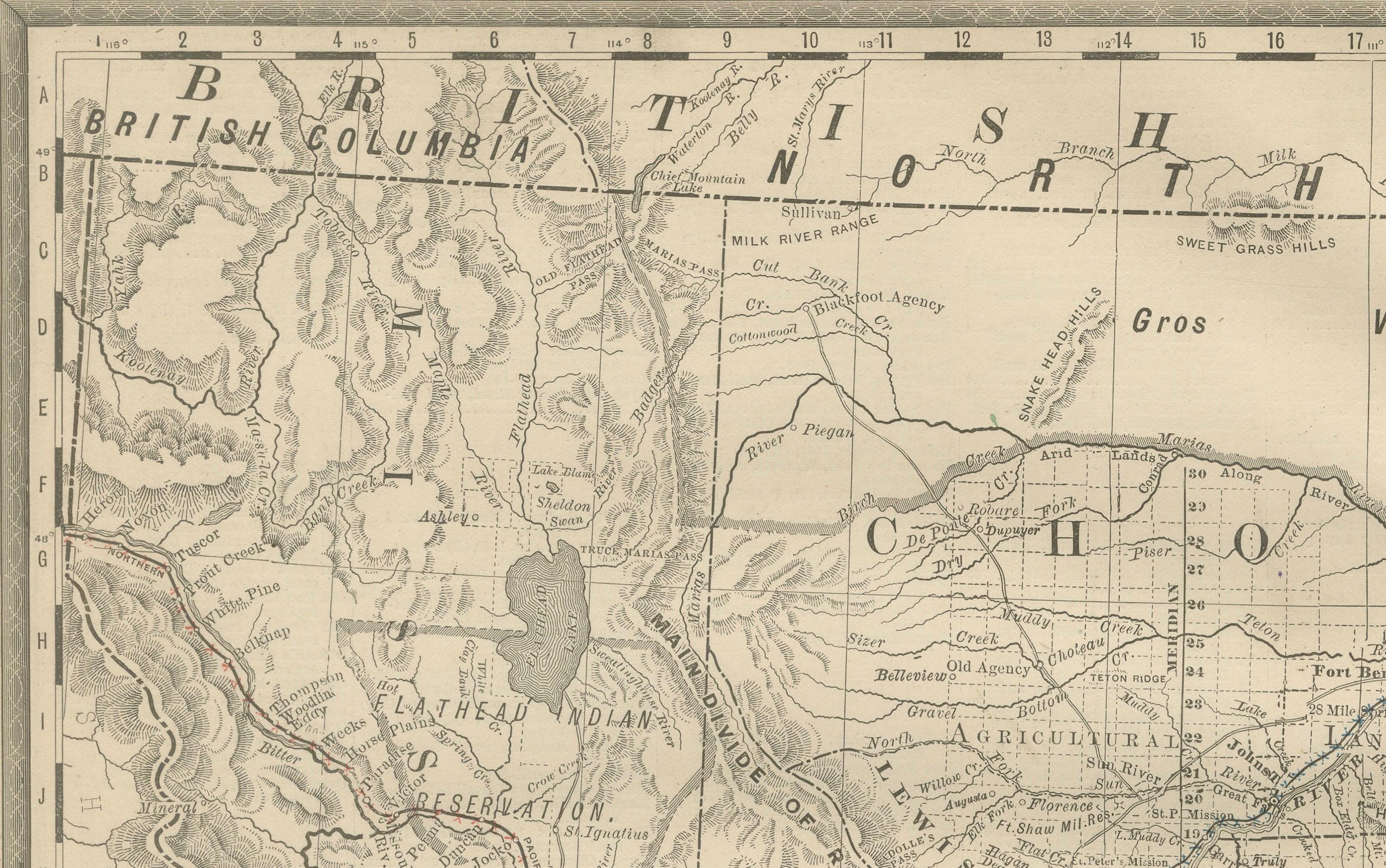Paper Old Map of Montana – Railroads, Indian Reservations & Frontier Settlements 1888 For Sale