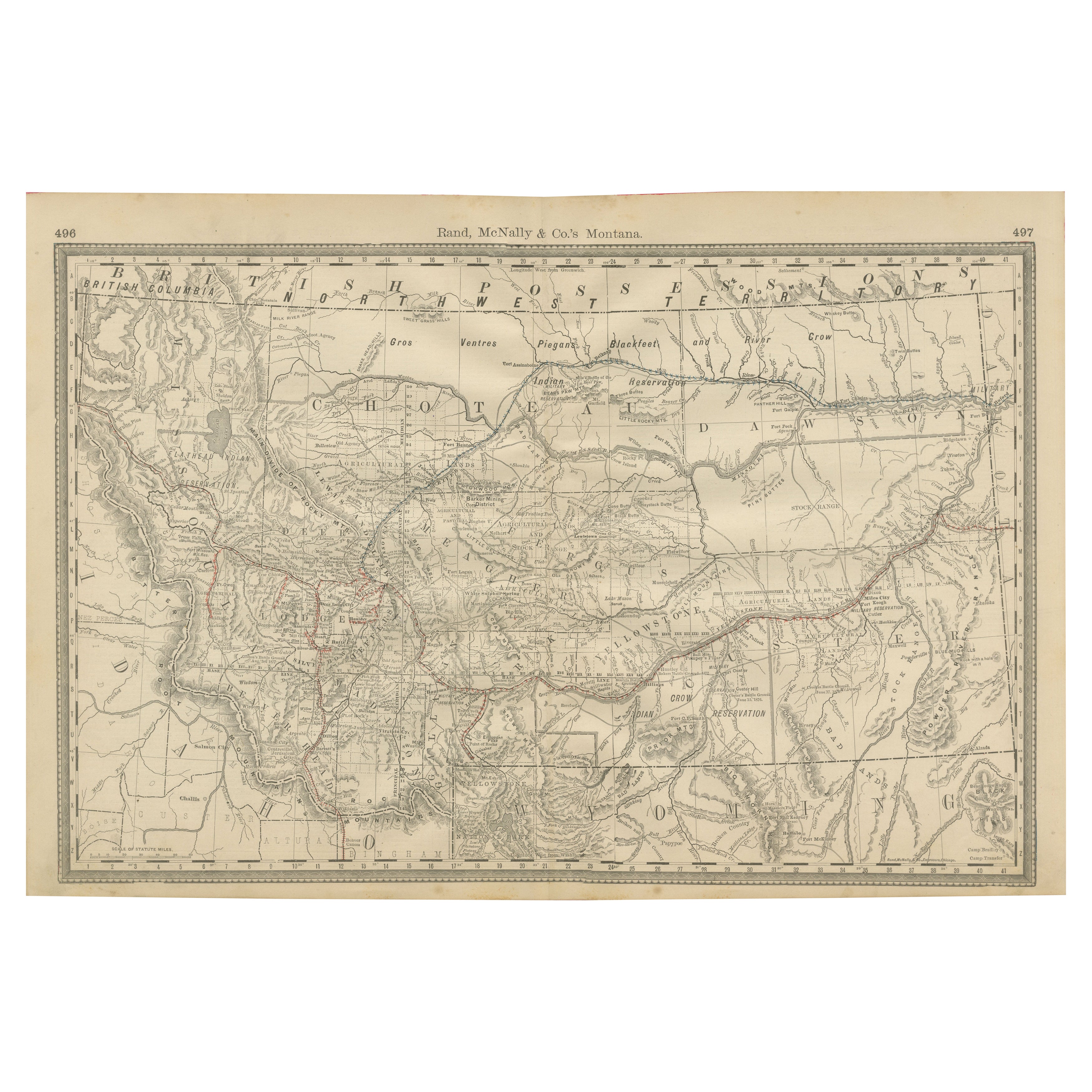 Vecchia mappa del Montana - Ferrovie, riserve indiane e insediamenti di frontiera 1888