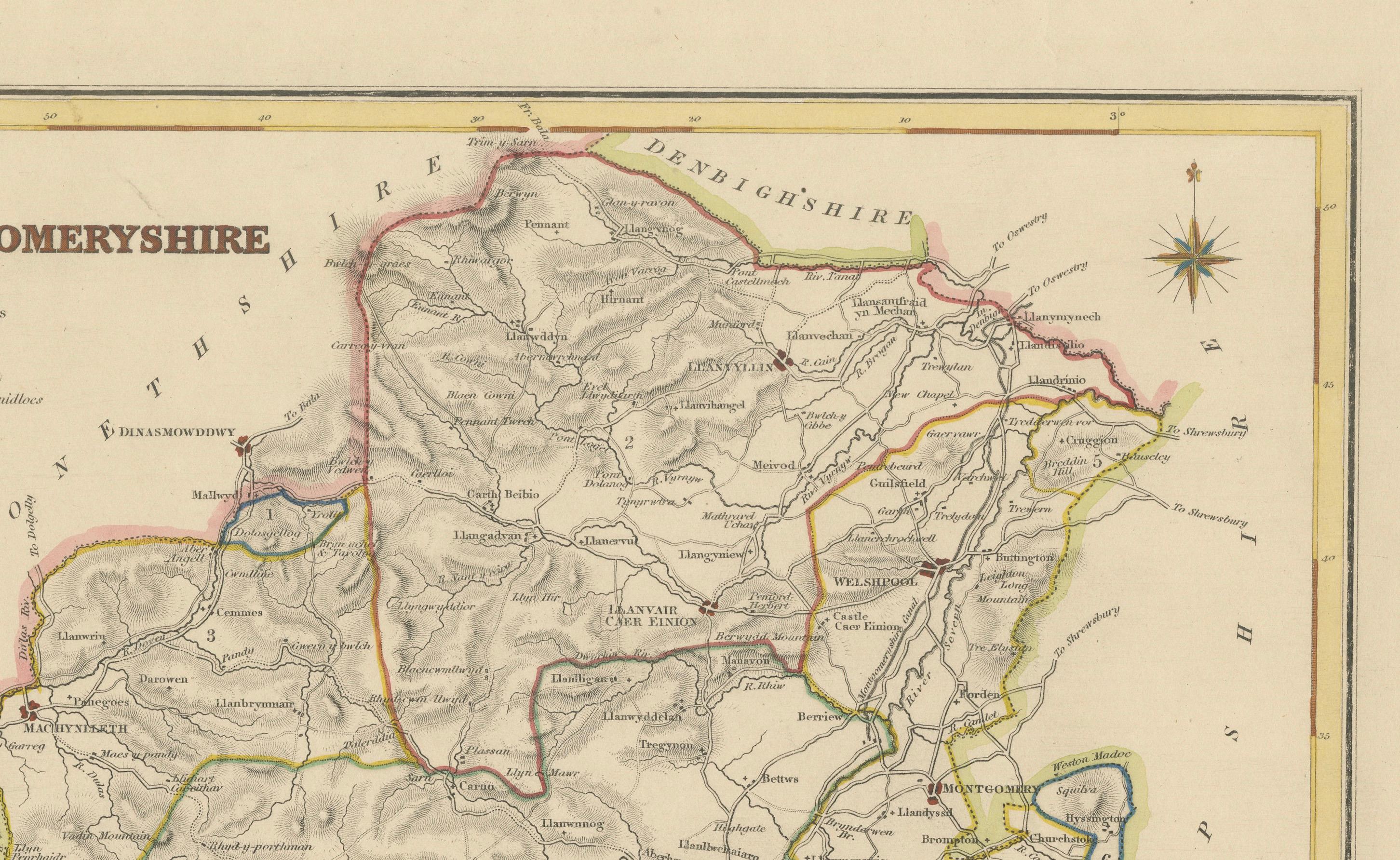 Titre :  Ancienne carte du Montgoméryshire par Samuel Lewis 1844 - Welshpool Llanidloes Newtown Machynlleth

Description :  Cette carte du Montgoméryshire de 1844 a été gravée pour le Topographical Dictionary of Wales de Samuel Lewis. Il met en