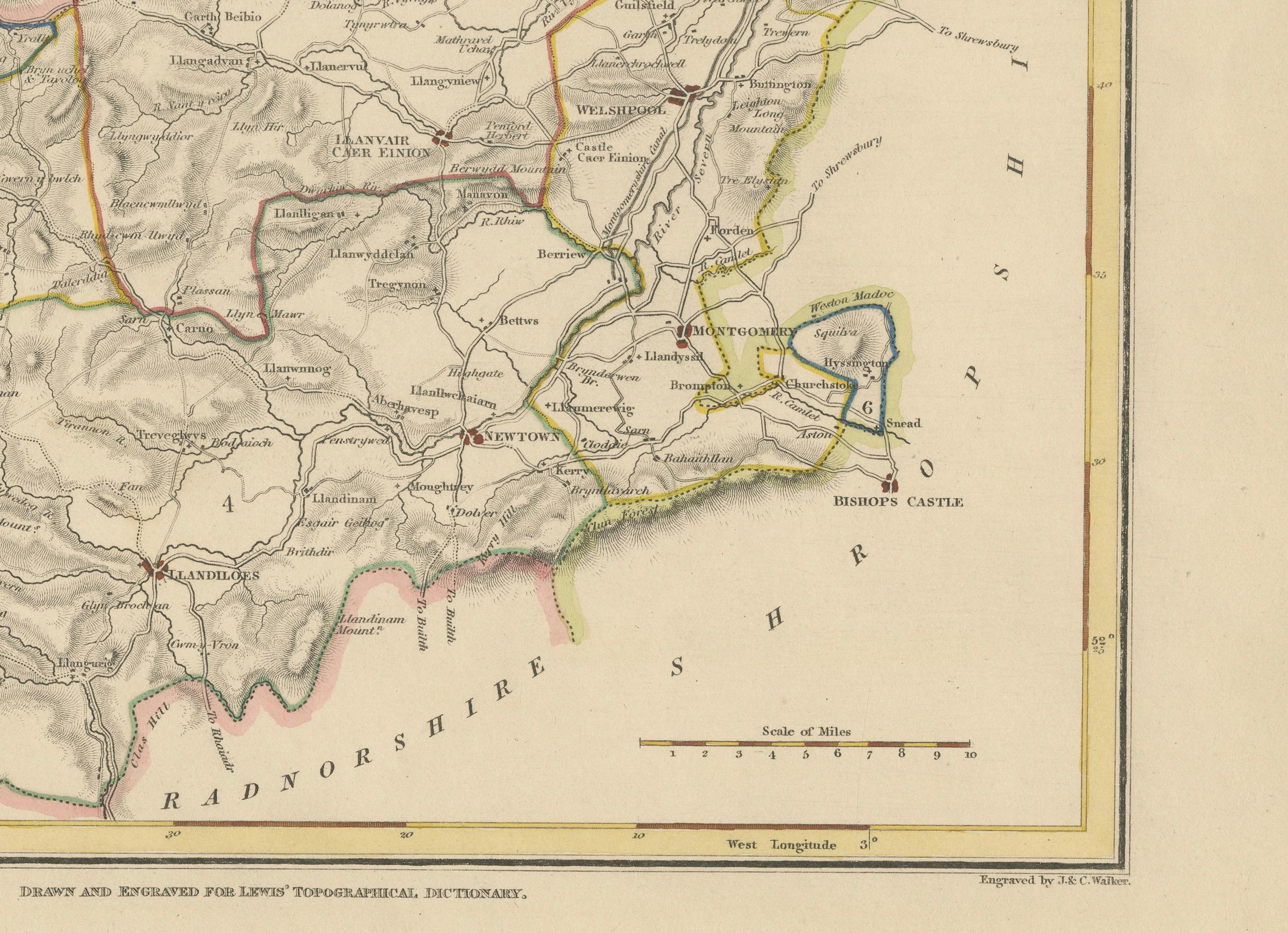 Ancienne carte du Montgoméryshire en 1844 - Welshpool Llanidloes Newtown Machynlleth Bon état - En vente à Langweer, NL