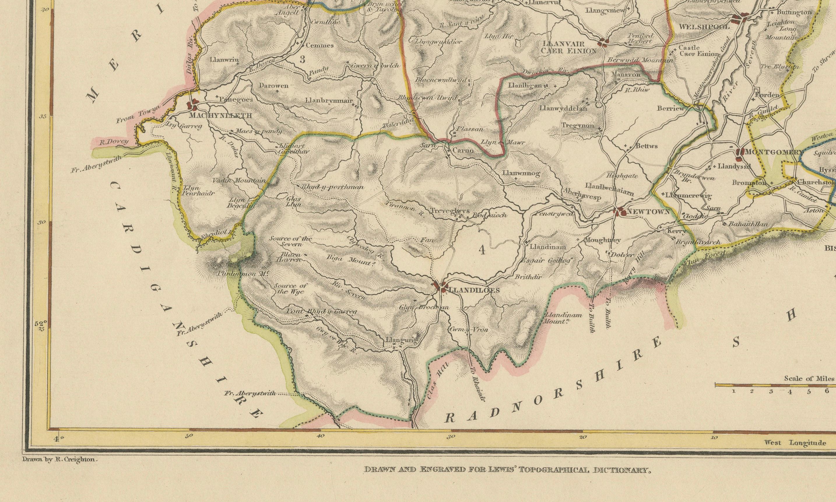 Milieu du XIXe siècle Ancienne carte du Montgoméryshire en 1844 - Welshpool Llanidloes Newtown Machynlleth en vente