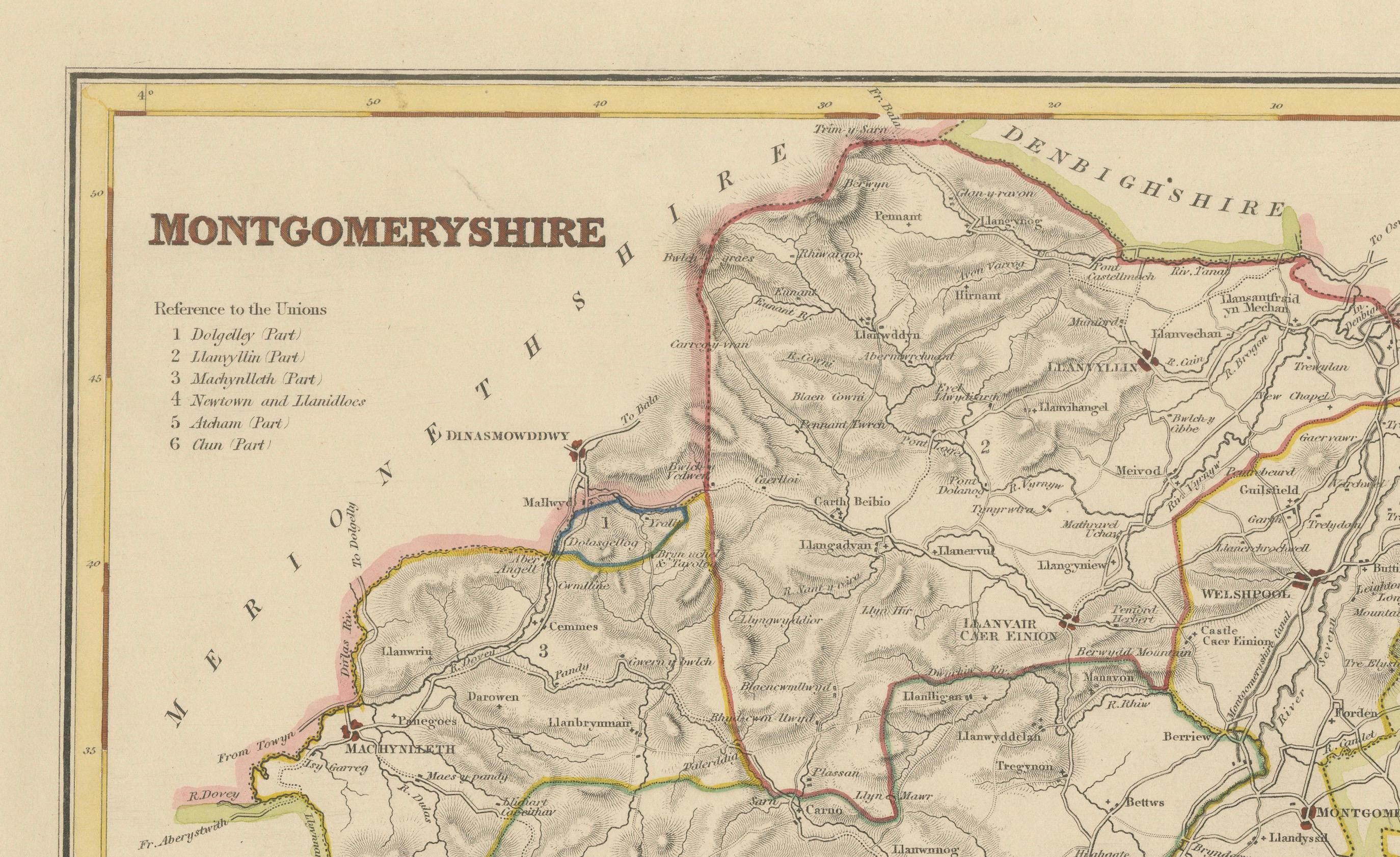 Papier Ancienne carte du Montgoméryshire en 1844 - Welshpool Llanidloes Newtown Machynlleth en vente