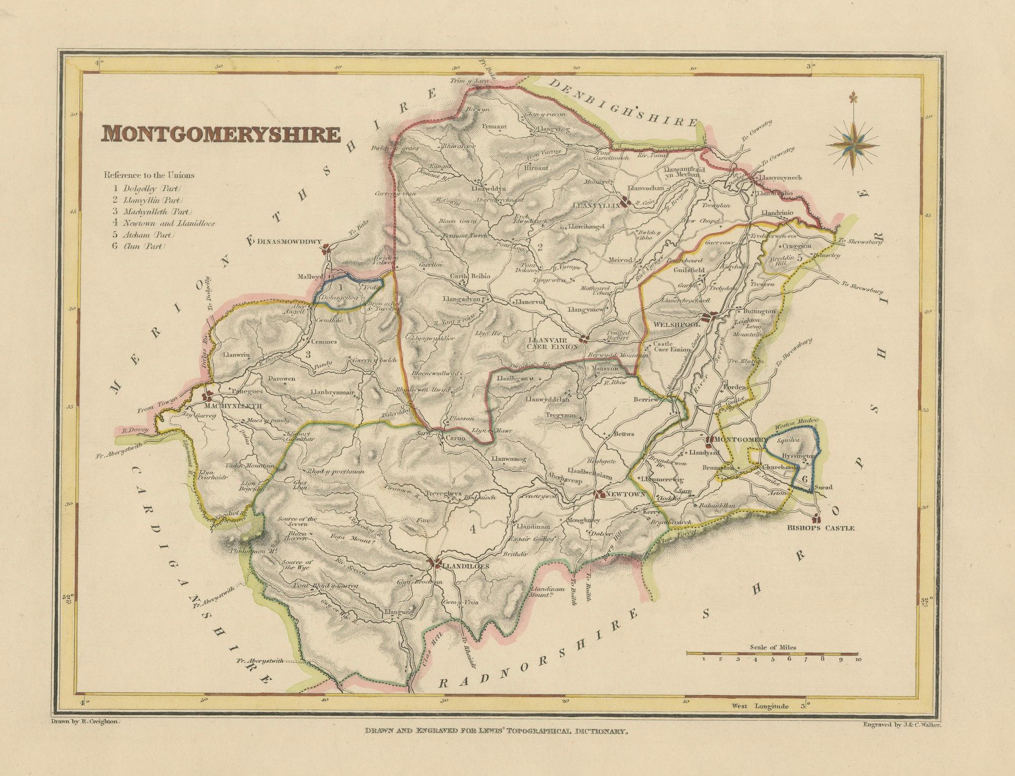 Ancienne carte du Montgoméryshire en 1844 - Welshpool Llanidloes Newtown Machynlleth en vente 1