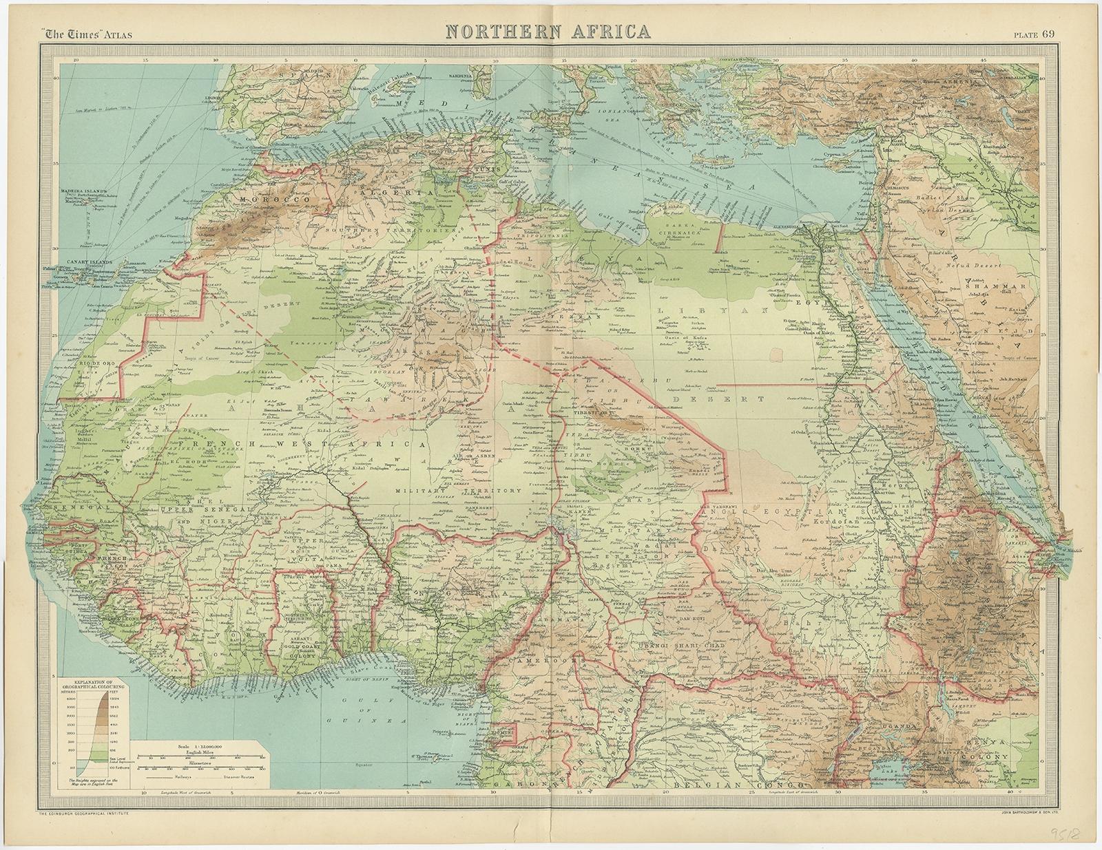 Antique map of Africa titled 'Northern Africa'. 

Old map of North Africa depicting Libya, Morocco, Algeria, Tunis and surroundings. This map originates from 'The Times' atlas. 

Artists and Engravers: John George Bartholomew (22 March 1860 – 14