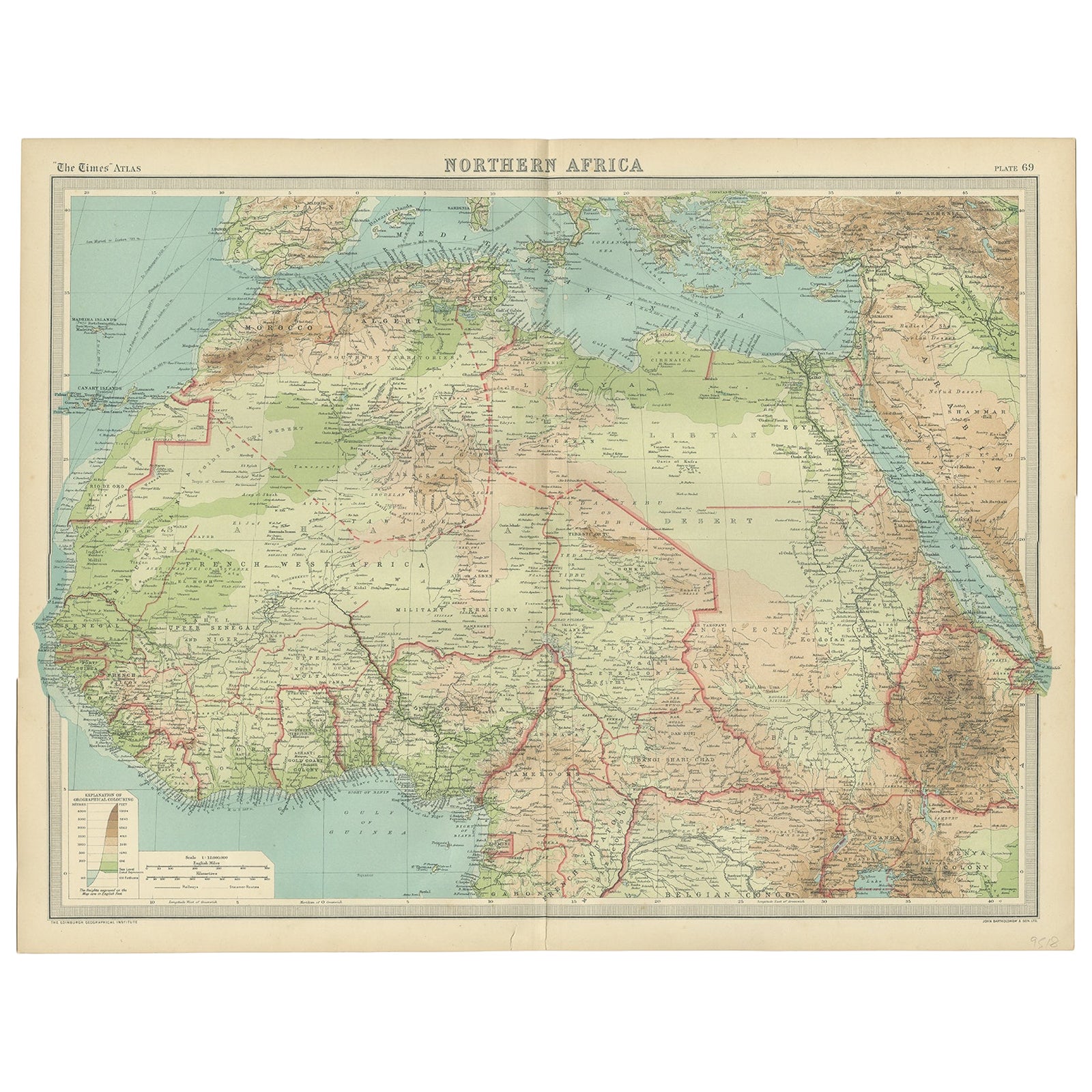 Ancienne carte d'Afrique du Nord représentant la Liban, le Maroc, l'Algénie, le Tunis et l'Étc, 1922