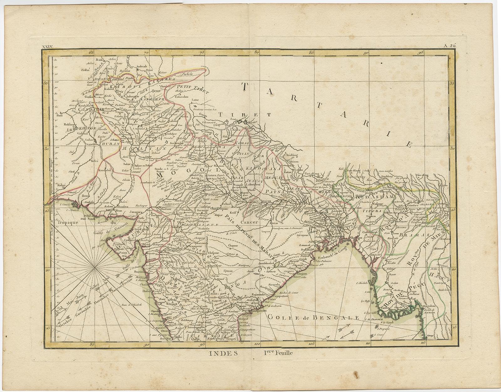 Description: Antique map titled 'Indes Iere Feuille'. 

Old map of northern India. Covers the subcontinent from Kandahar east as far as Burma (Pegu) and south to just past Goa. Names countless important Indian cities, river systems and mines.