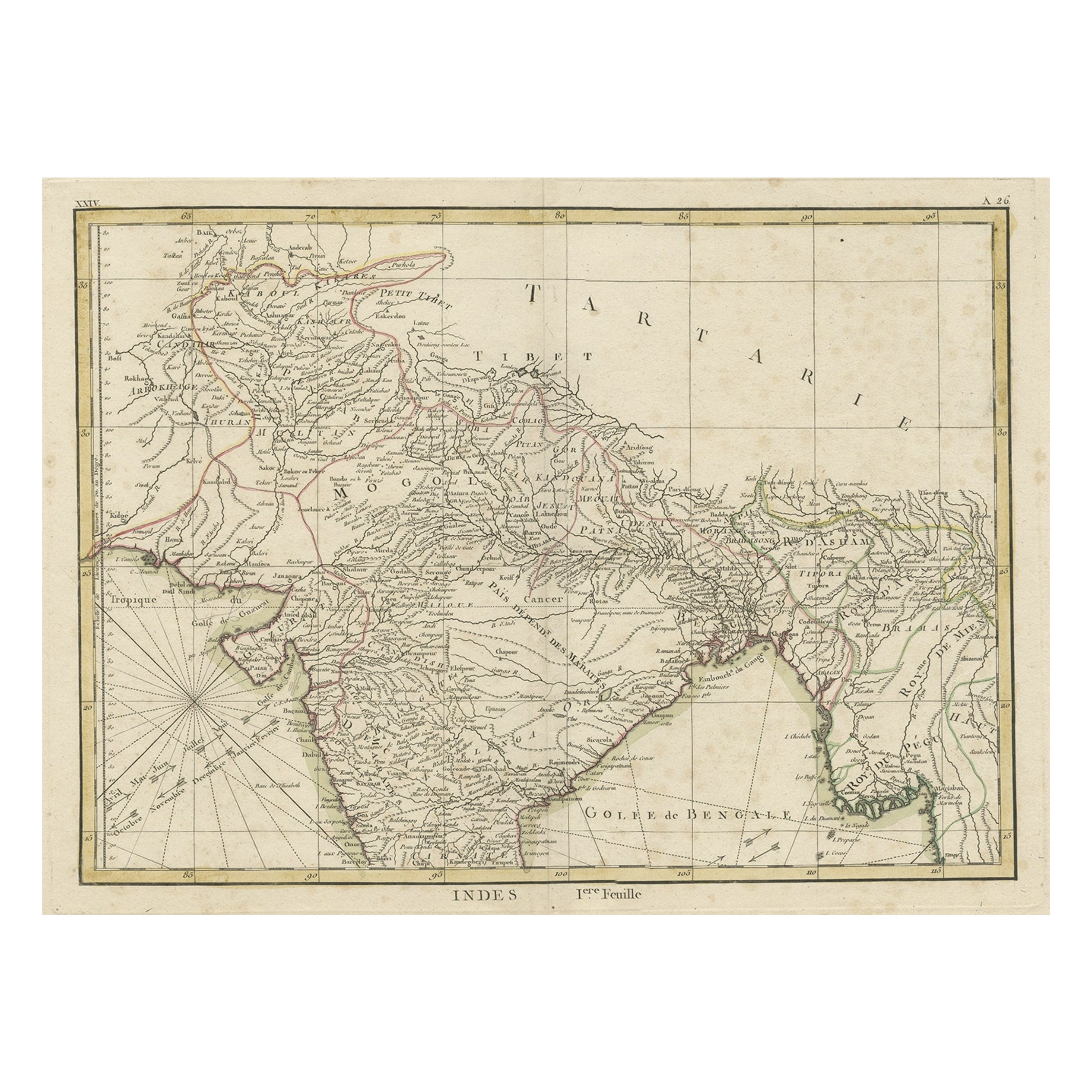 Carta geografica antica dell'India settentrionale da Kandahar a est fino a Burma 'Pegu' e a sud fino a Goa, 1776