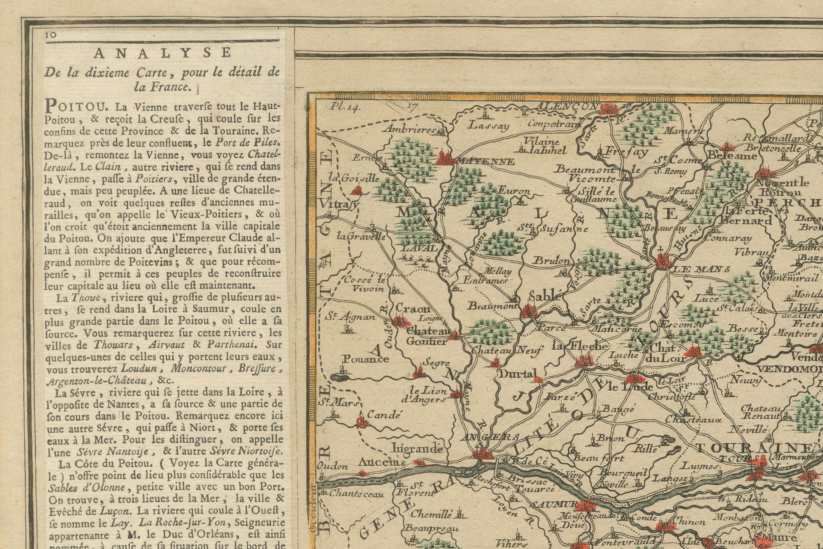 The map with text neatly mounted on both sides of the map on the plate, is a section of an old map with accompanying French text. The map mentions several historical French provinces such as Poitou, Berry, Bourbonnais, and Nivernais, which are all