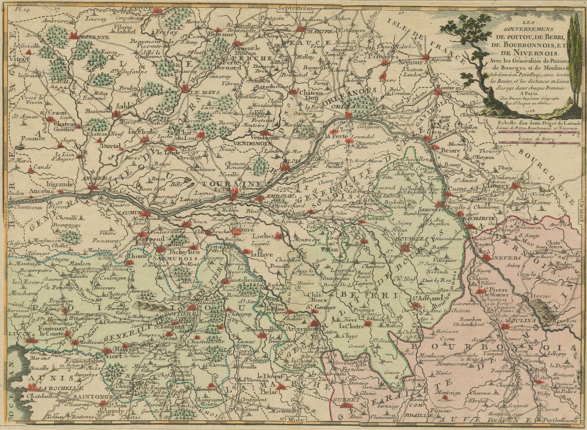 Mid-18th Century Old Map of Part of France: Poitou, Berry, Bourbonnais, and Nivernais in 1768 For Sale