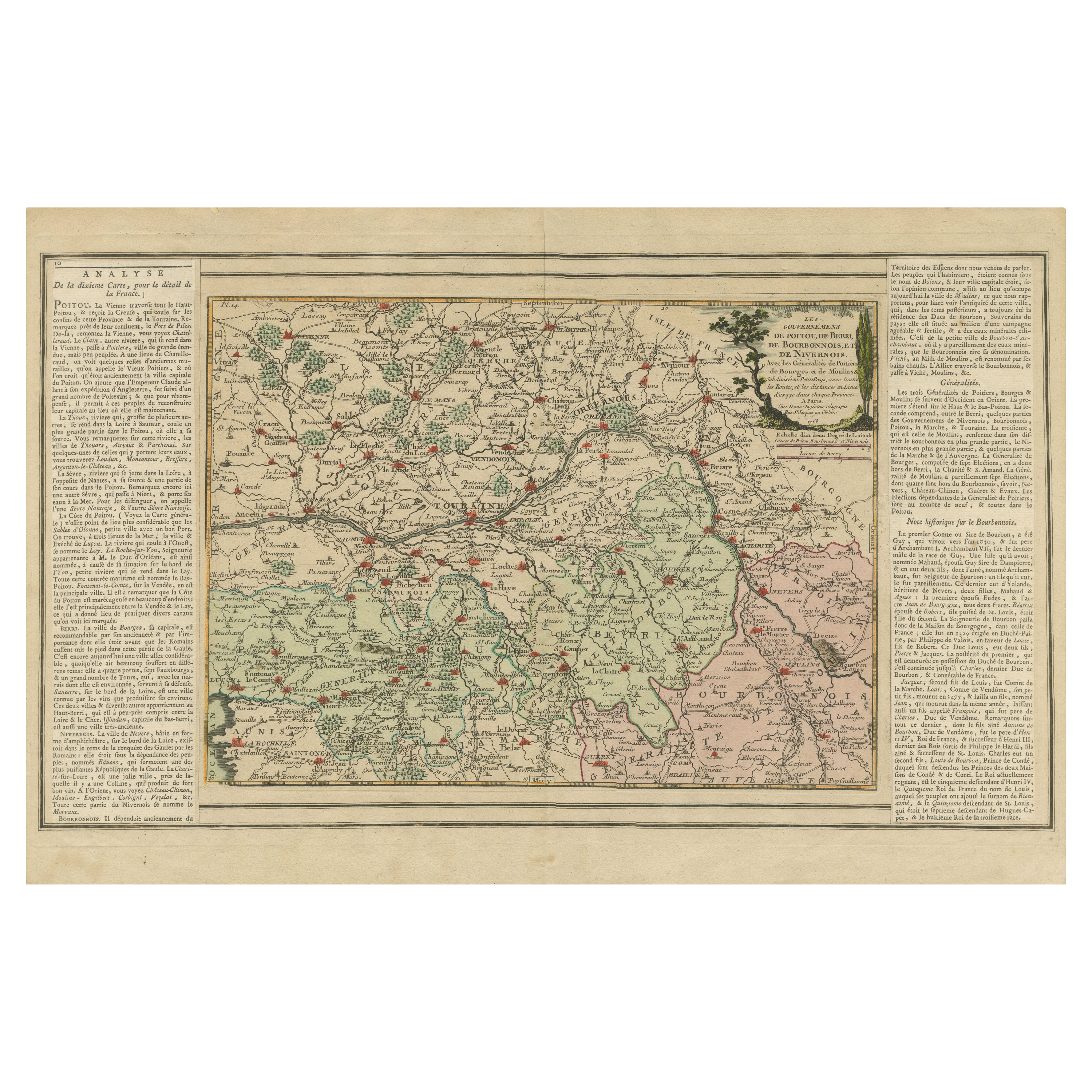 Mapa antiguo de una parte de Francia: Poitou, Berry, Bourbonnais y Nivernais en 1768 en venta