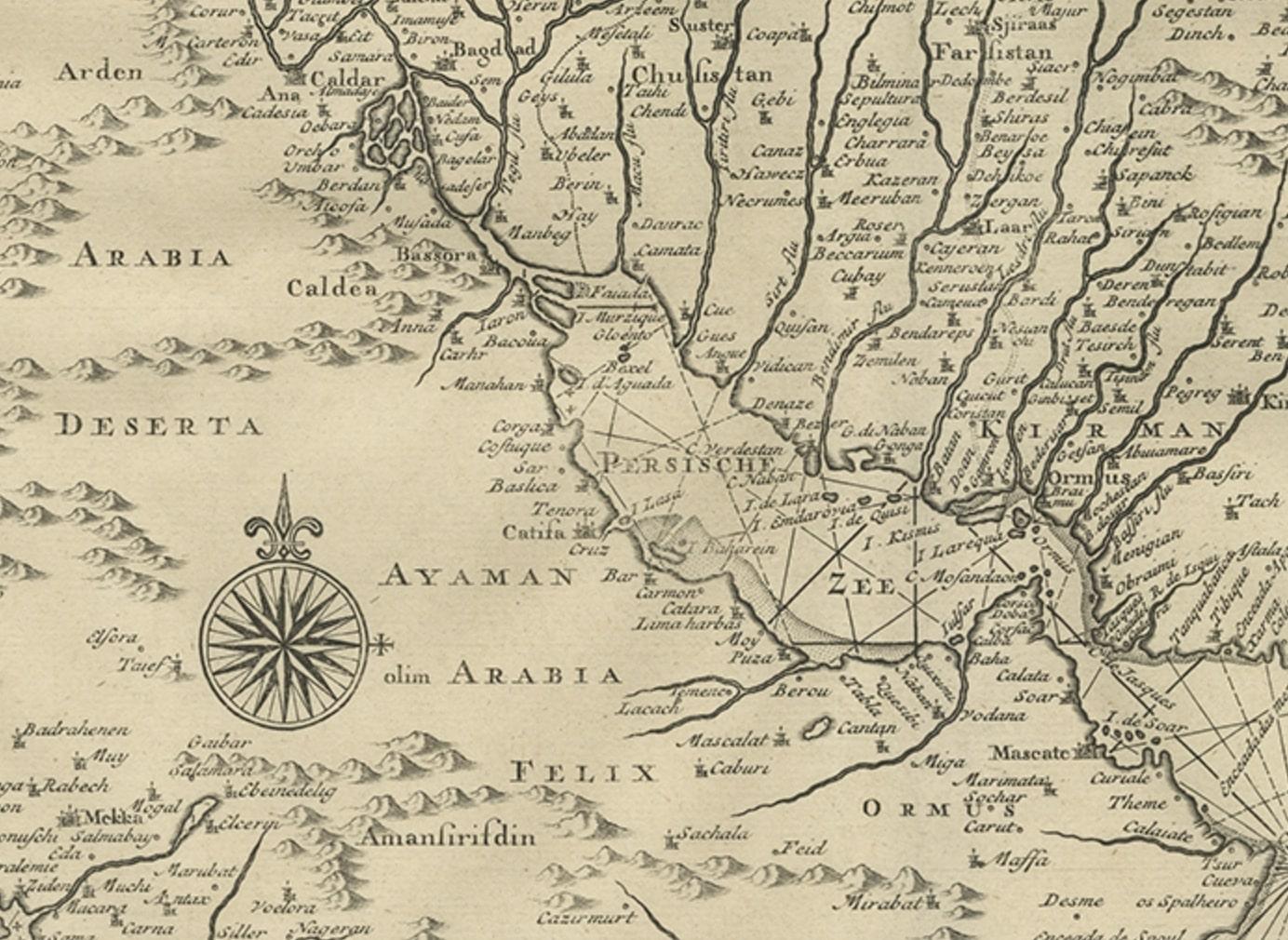 Carte ancienne de la Perse. Elle s'étend du golfe de Suez vers l'est jusqu'à Ahmedabad (Amadabad) dans l'ouest de l'Inde actuelle. 

Cette carte, centrée sur la Perse, inclut la mer Caspienne et une partie de la péninsule arabique. Cette estampe