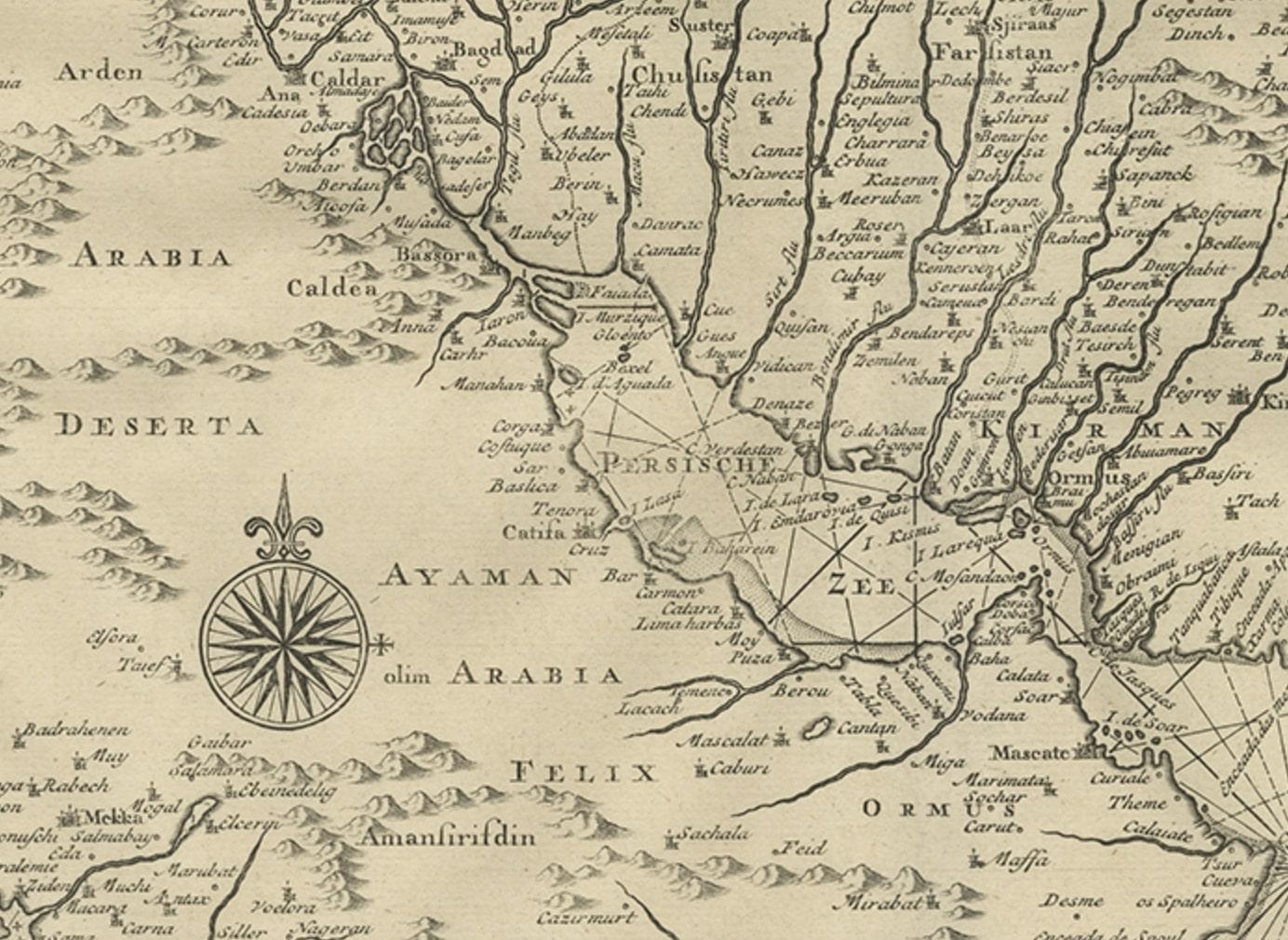 Antike Karte von Persien. Es erstreckt sich vom Golf von Suez ostwärts bis Ahmedabad (Amadabad) im heutigen Westindien. 

Diese Karte, die auf Persien zentriert ist, umfasst das Kaspische Meer und einen Teil der Arabischen Halbinsel. Dieser Druck