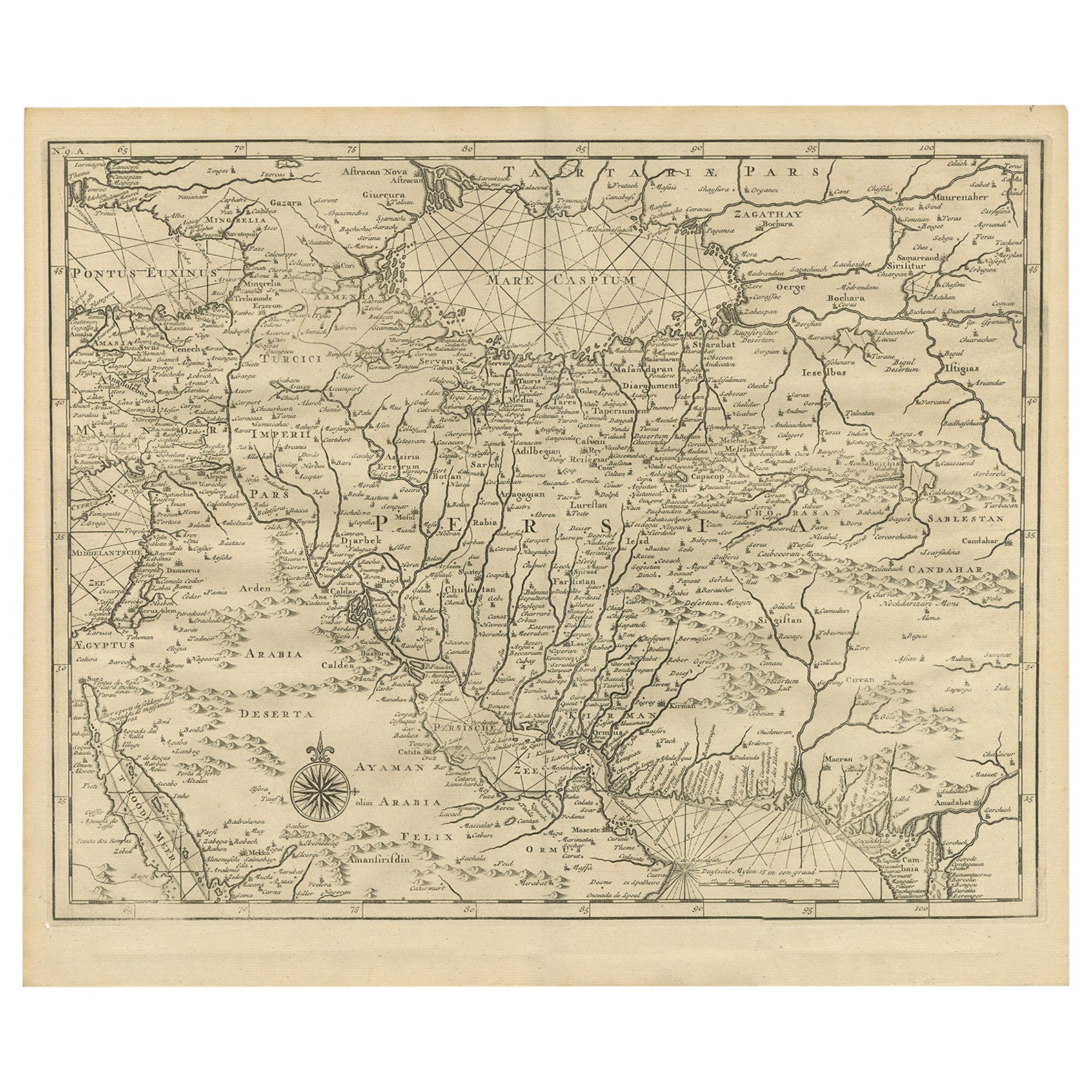 Old Map of Persia, incl the Caspian Sea and Part of the Arabian Peninsula, 1726 For Sale