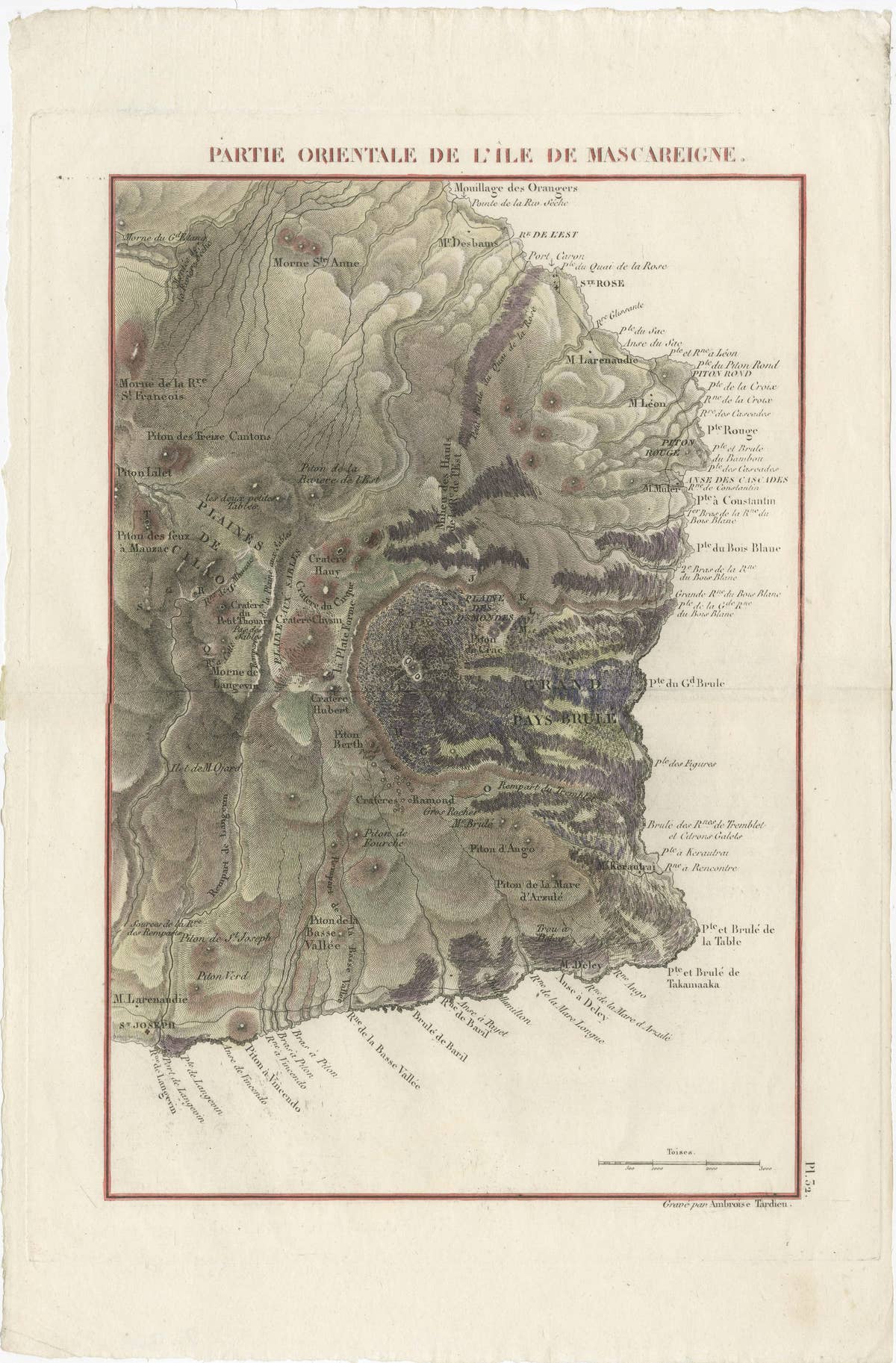 Old Map of Piton de la Fournaise, a Shield Volcano on Eastern Réunion Island