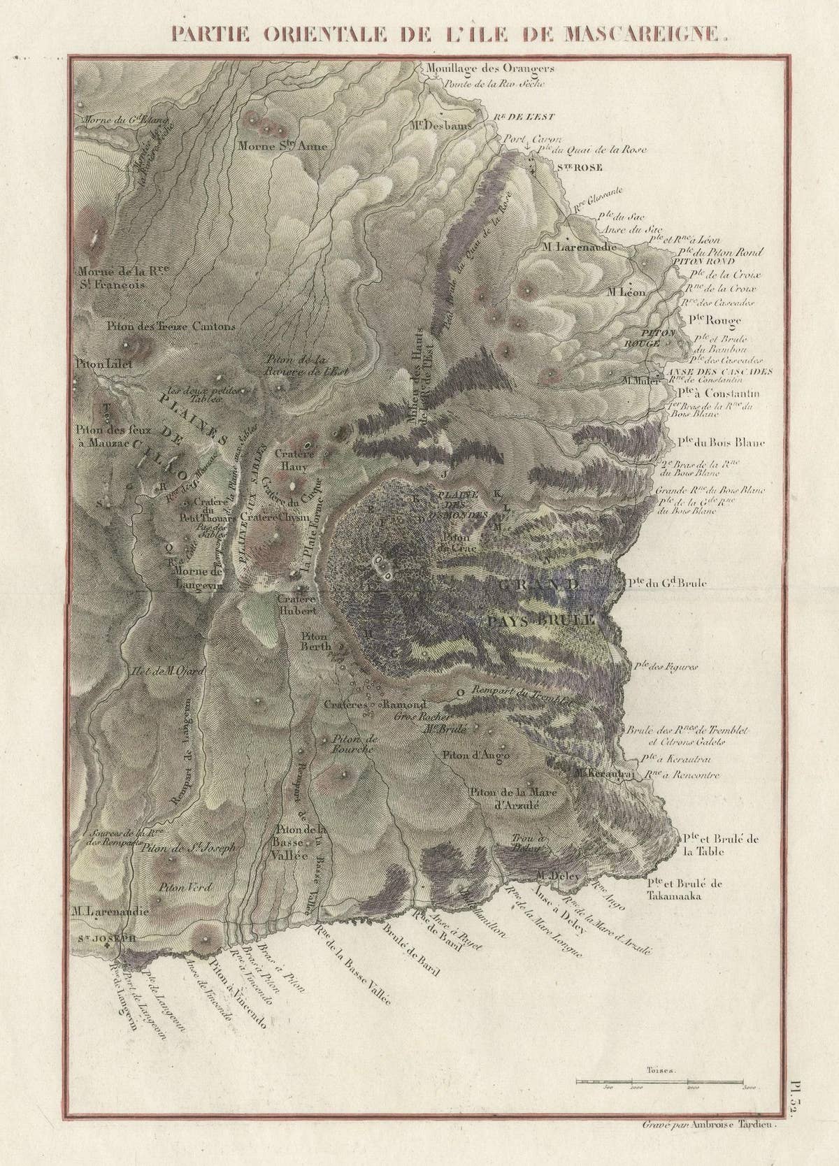 Old Map of Piton de la Fournaise, a Shield Volcano on Eastern Réunion Island