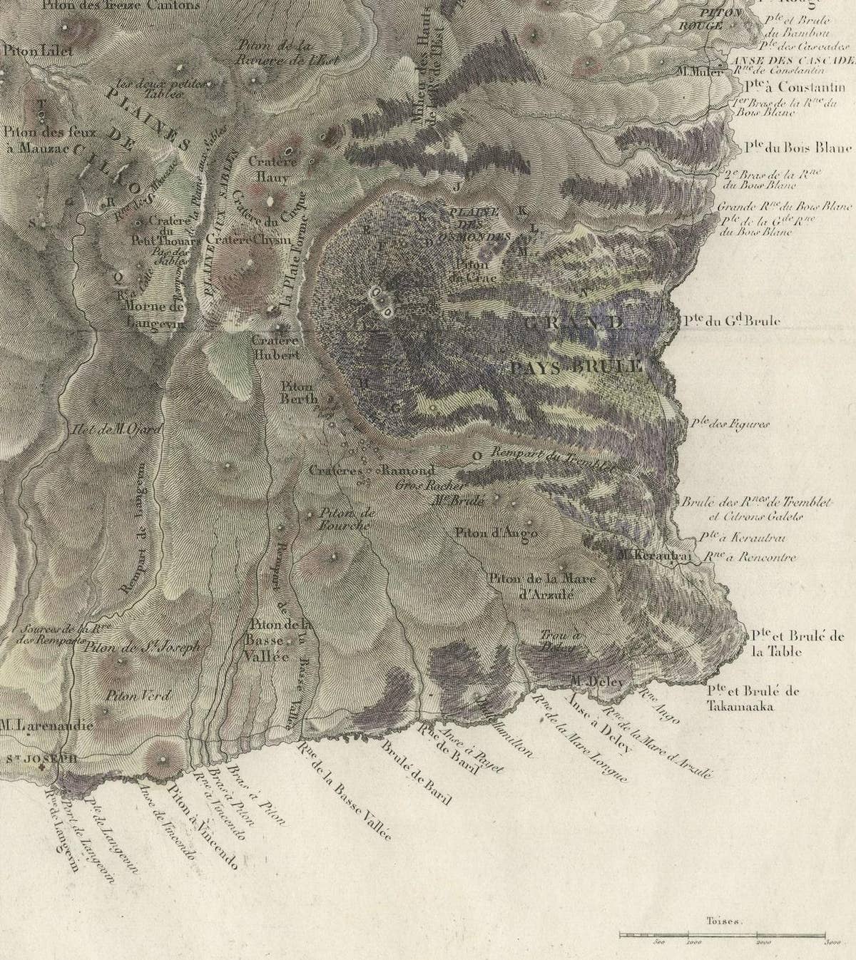 Old Map of Piton de la Fournaise, a Shield Volcano on Eastern Réunion Island