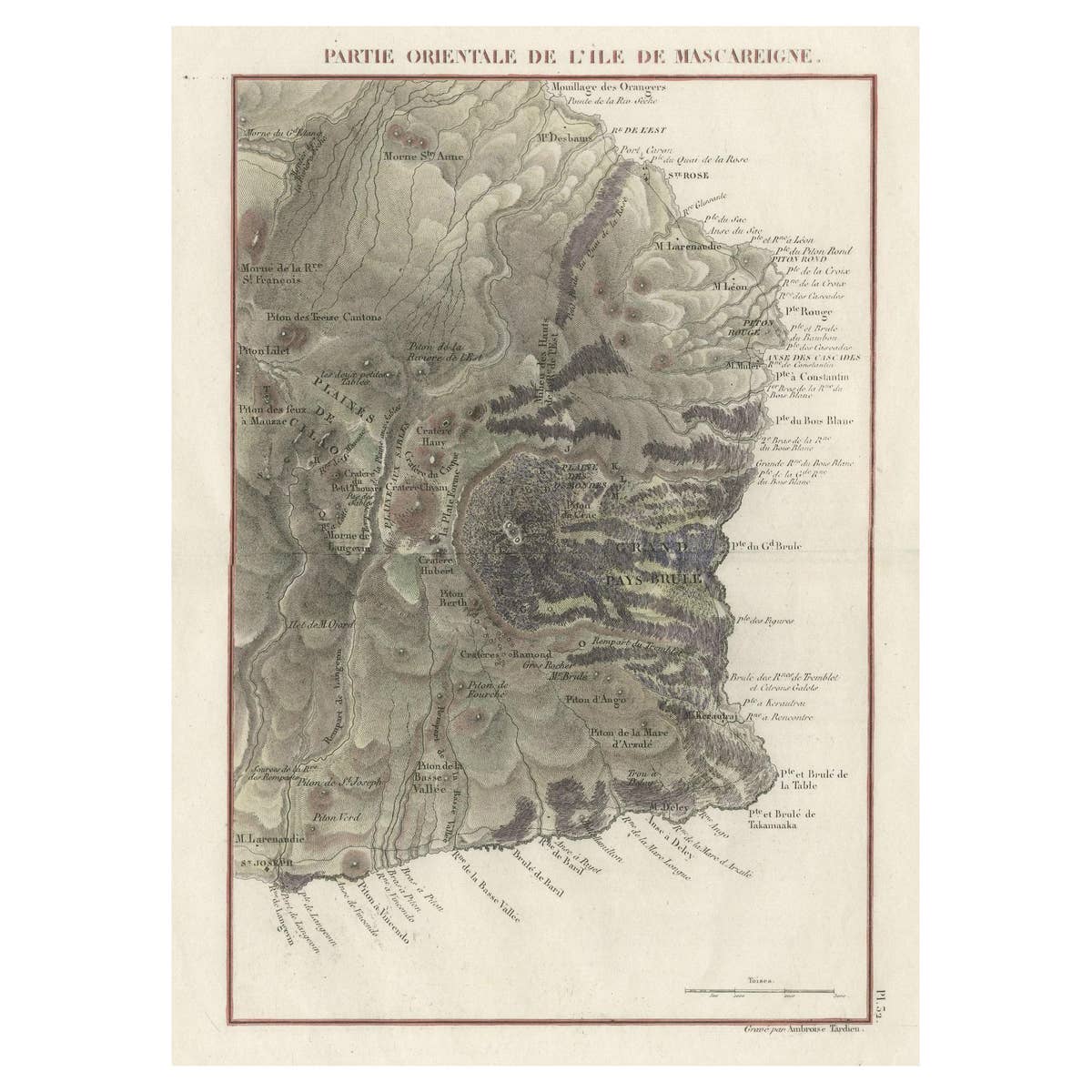 Old Map of Piton de la Fournaise, a Shield Volcano on Eastern Réunion Island