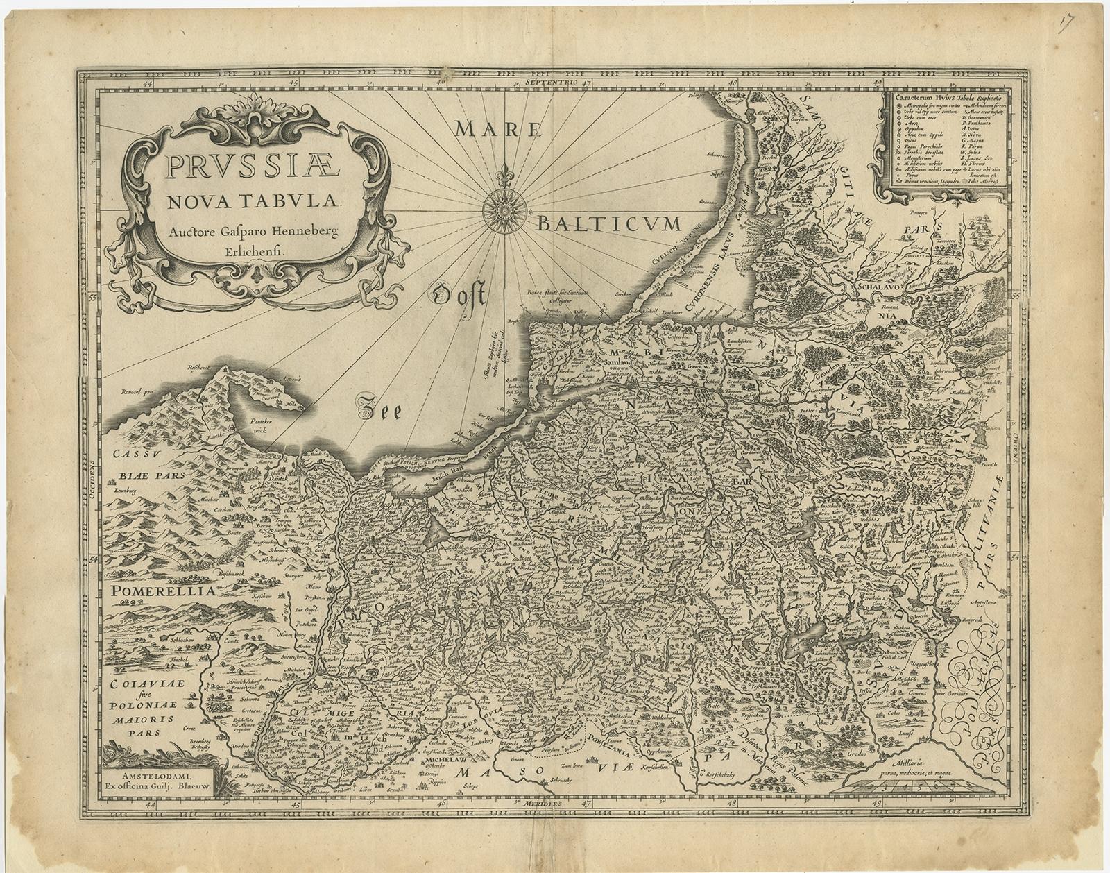 Antique map titled 'Prussiae nova Tabula'. 

Later edition of Blaeu's map of Prussia, embellished with a large cartouche and compass rose. Prussia was a historically prominent German state that originated in 1525 with a duchy centered on the