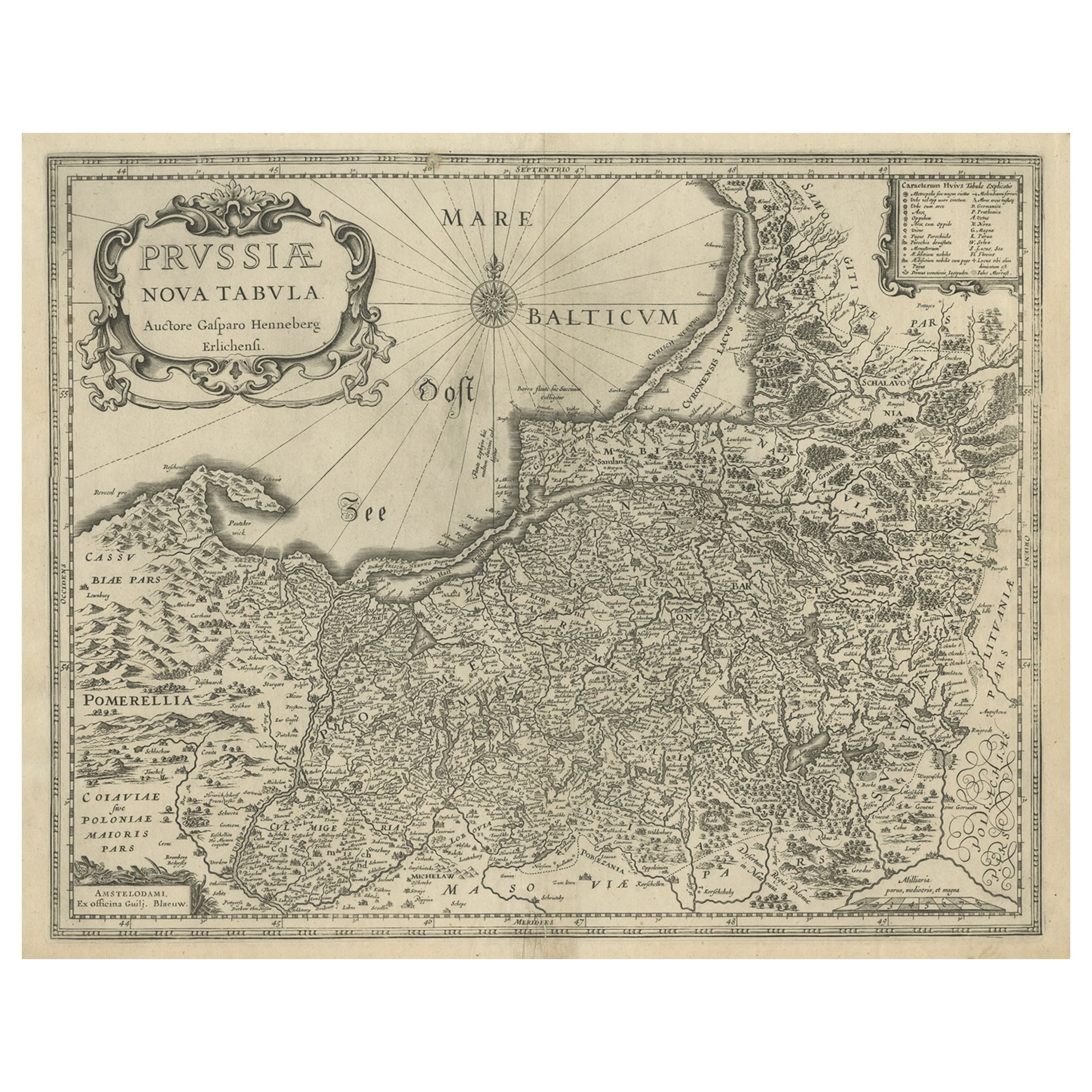 Carta geografica antica della Prussia, impreziosita da un grande cartiglio e da una rosa dei venti, 1680 ca.