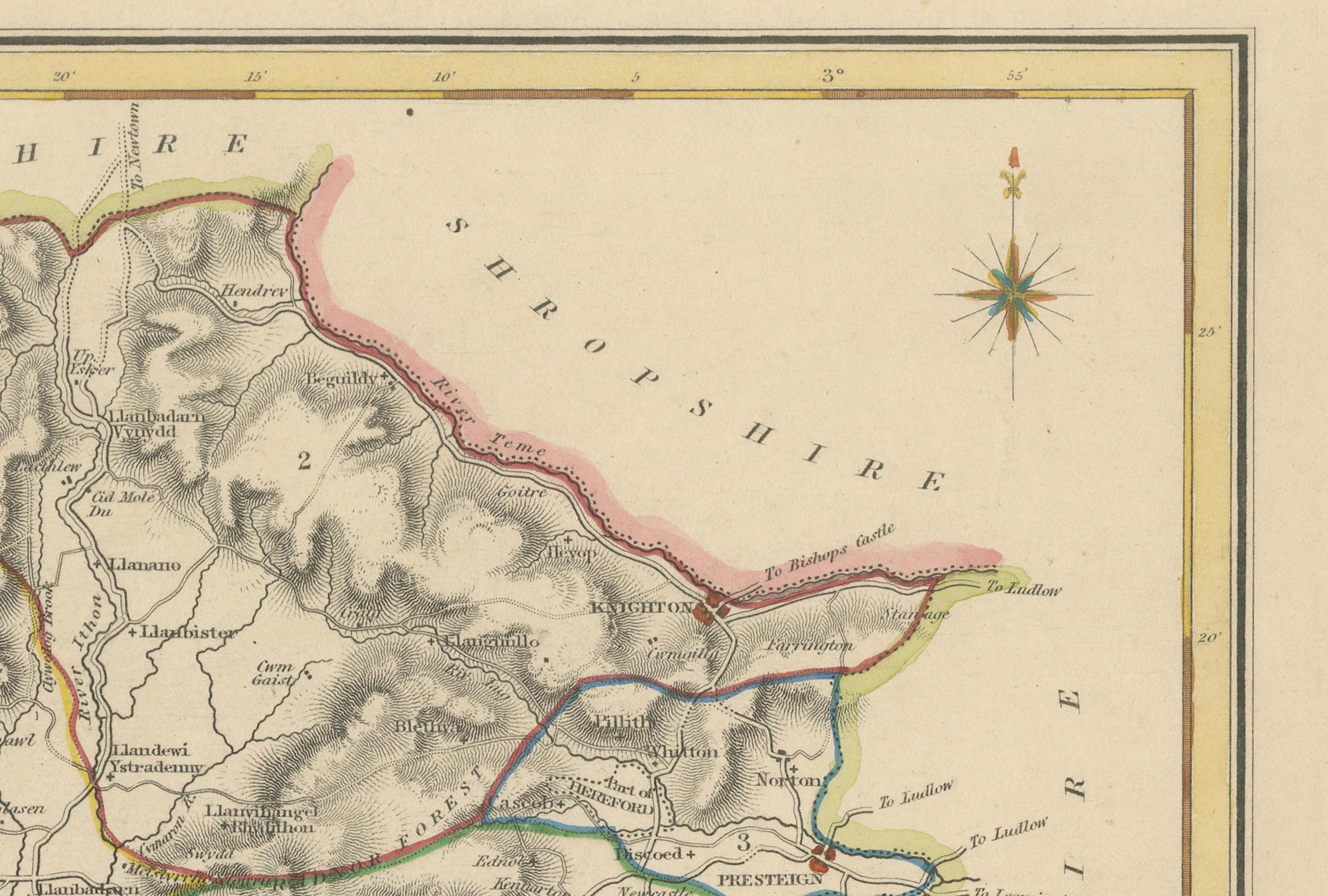 Ancienne carte du Radnorshire 1844 - Presteigne Rhayader Knighton Llandrindod Wells Bon état - En vente à Langweer, NL