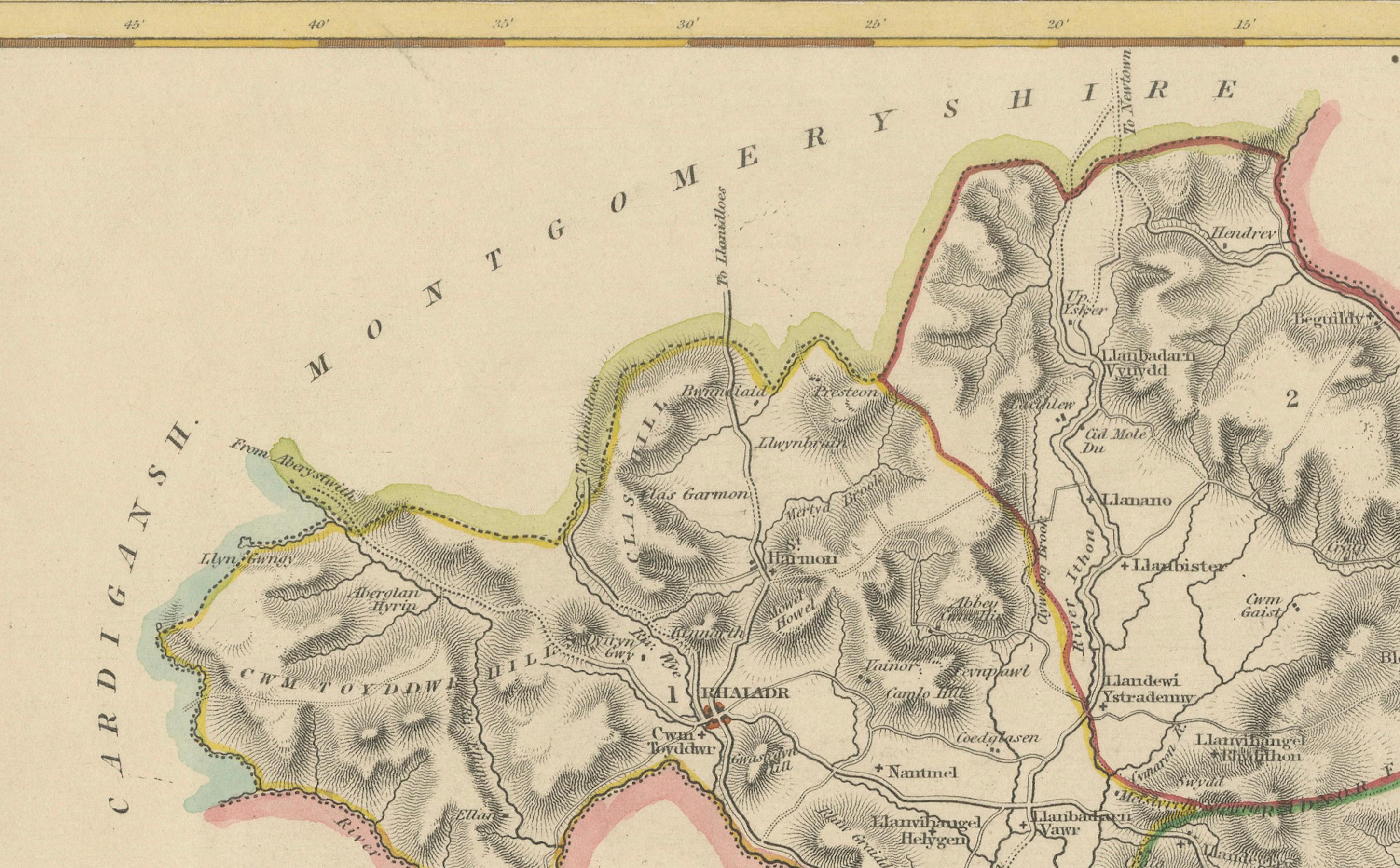 Milieu du XIXe siècle Ancienne carte du Radnorshire 1844 - Presteigne Rhayader Knighton Llandrindod Wells en vente