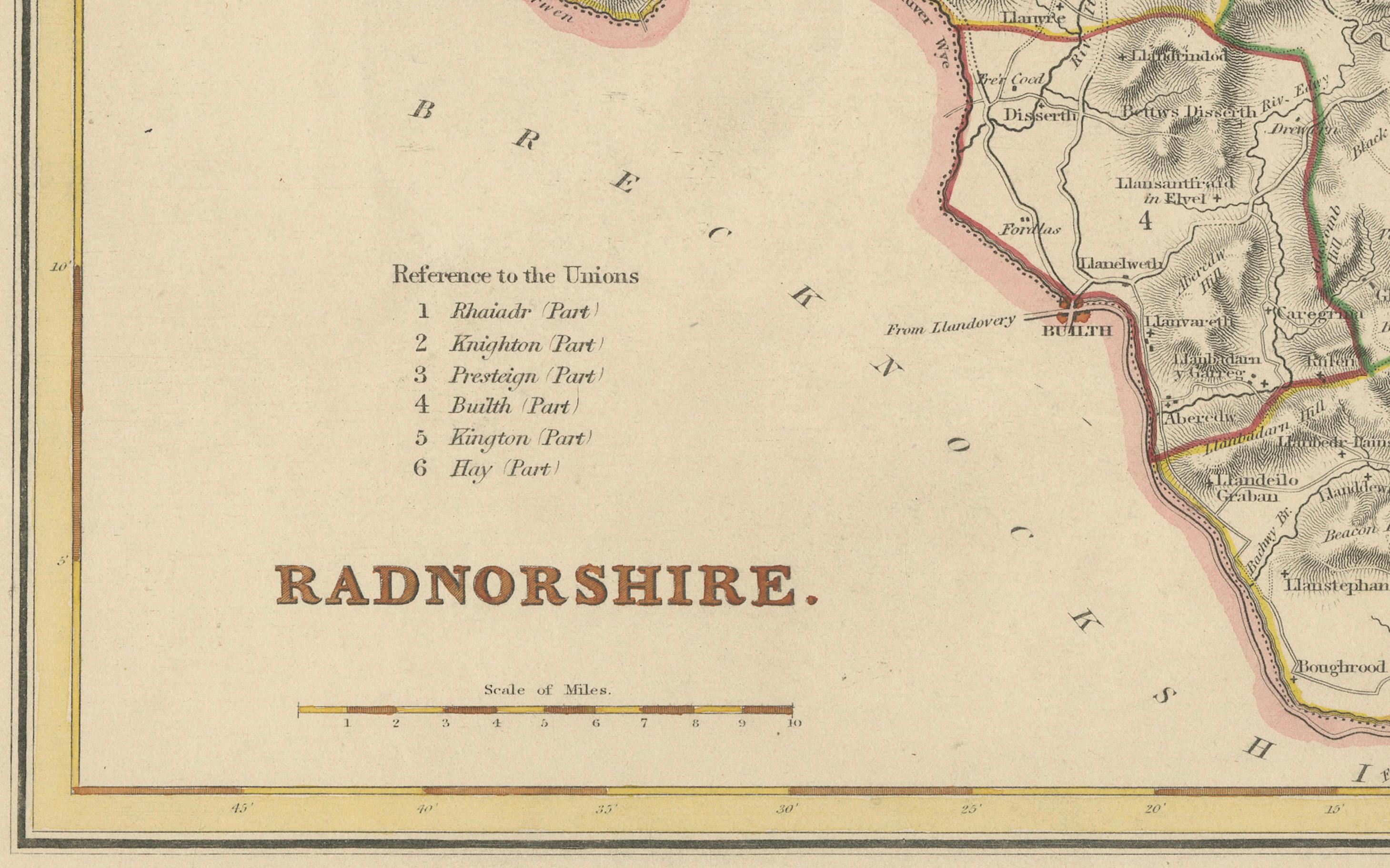 Papier Ancienne carte du Radnorshire 1844 - Presteigne Rhayader Knighton Llandrindod Wells en vente