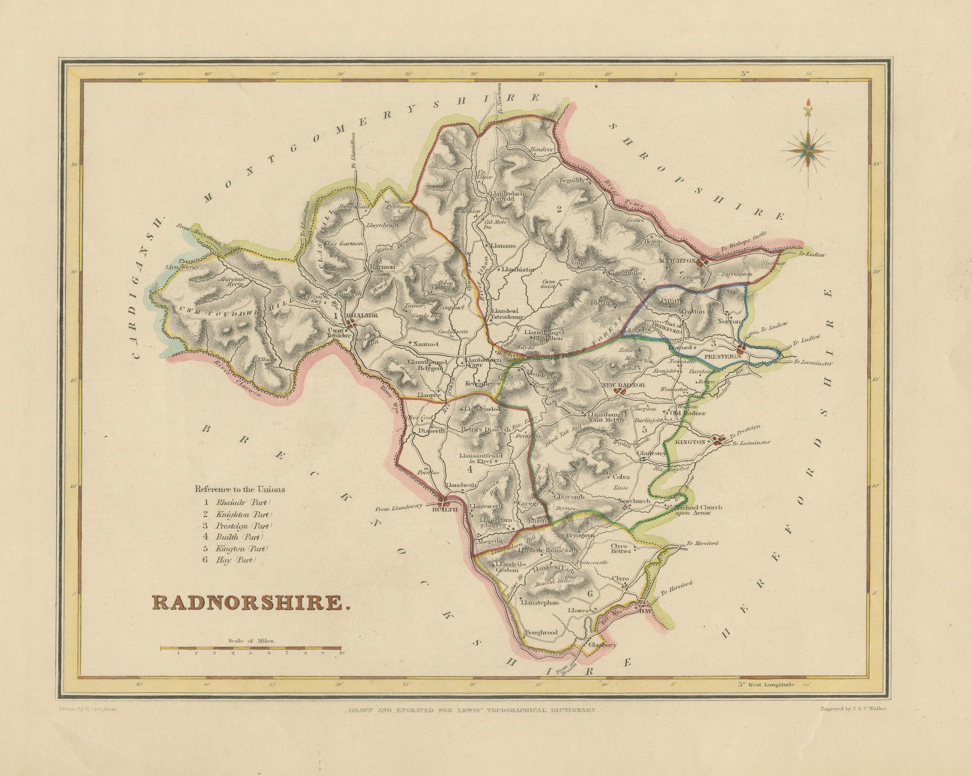 Ancienne carte du Radnorshire 1844 - Presteigne Rhayader Knighton Llandrindod Wells en vente 1