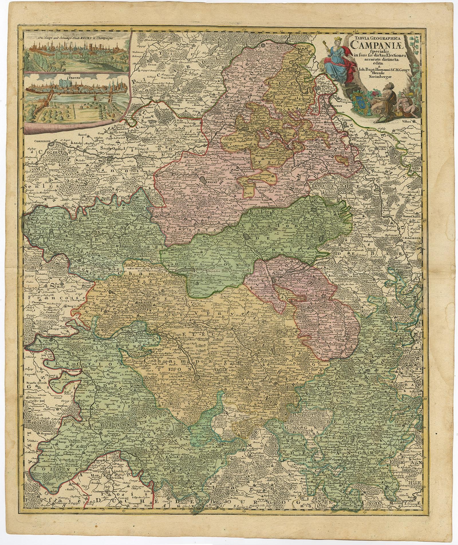 Antique map titled 'Tabula Geographica Campaniae (..).' 

Detailed map of the Champagne region in France by J. B. Homann, covering the region Champagne-Ardenne with Reims, Troyes and Épernay. The map shows an allegoric cartouche as well as two