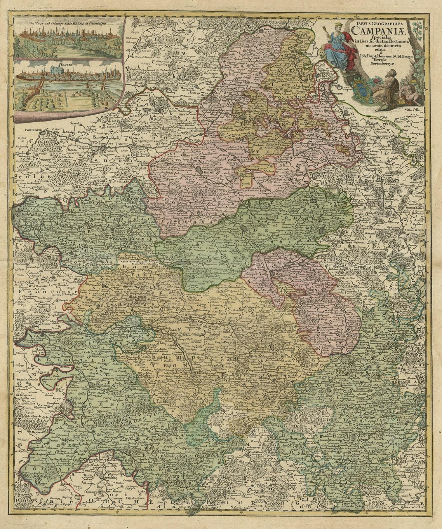 Ancienne carte de la région Champagne-Ardenne avec Reims, Troyes et pernay en France, 1759 Bon état - En vente à Langweer, NL
