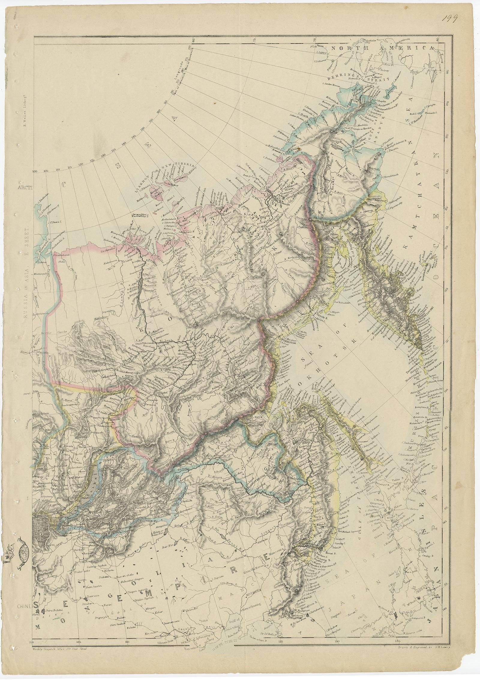 Antique map titled 'Russia in Asia, E Sheet'. 

Old map of Russia originating from the 'Weekly Dispatch Atlas'. 

Artists and Engravers: Engraved by J.W. Lowry.