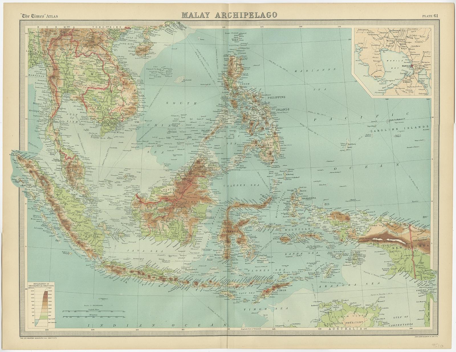 Antique map of South East Asia titled 'Malay Archipelago'. 

Old map of South East Asia depicting the Malay Archipelago including Sumatra, Java, Timor, Borneo, Celebes, Moluccas and surroundings. This map originates from 'The Times' atlas.