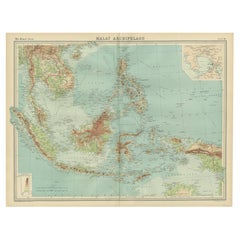 Old Map of South East Asia Showing the Malay Archipelago, incl Borneo etc, 1922
