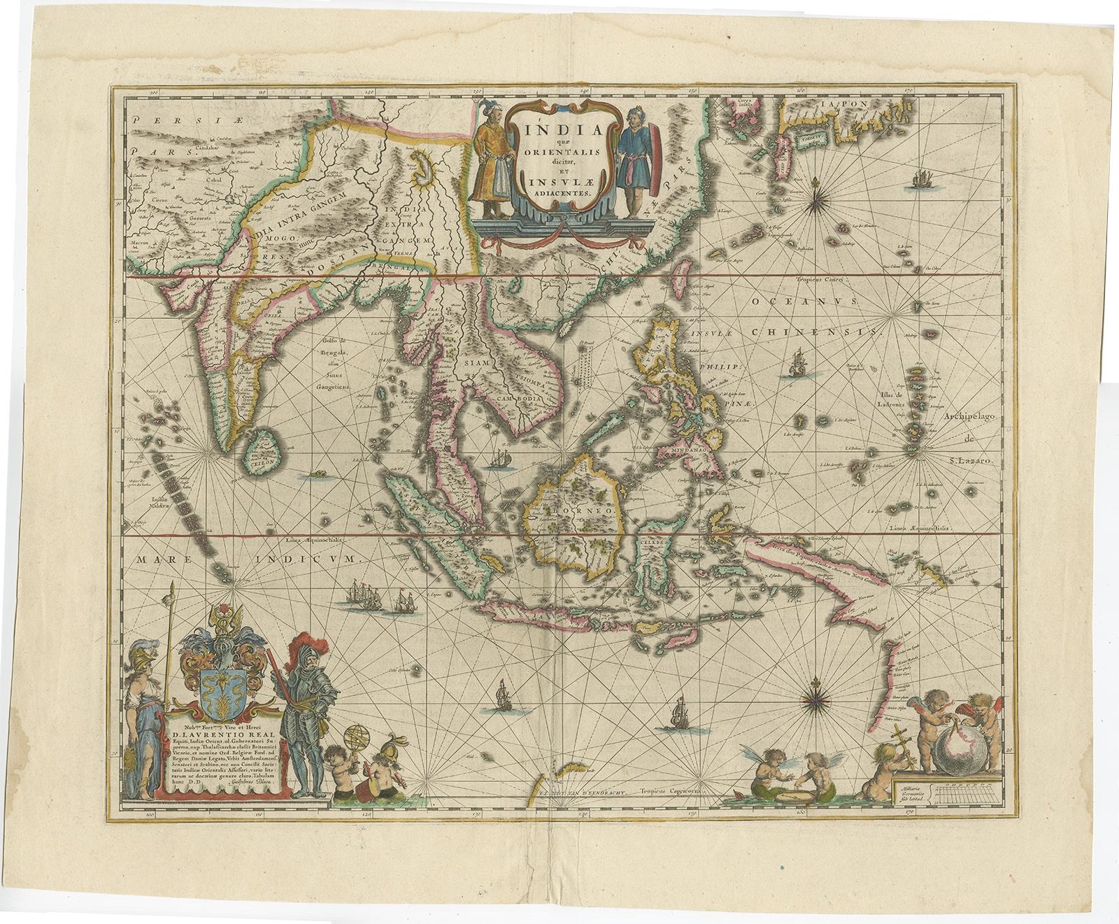 Antique map titled 'India quae Orientalis dicitur et Insulae Adiacentes'. 

Beautiful map of Southeast Asia, extending from India to Tibet to Japan to New Guinea. It was the first popular map to depict part of Australia. Includes a dedicational