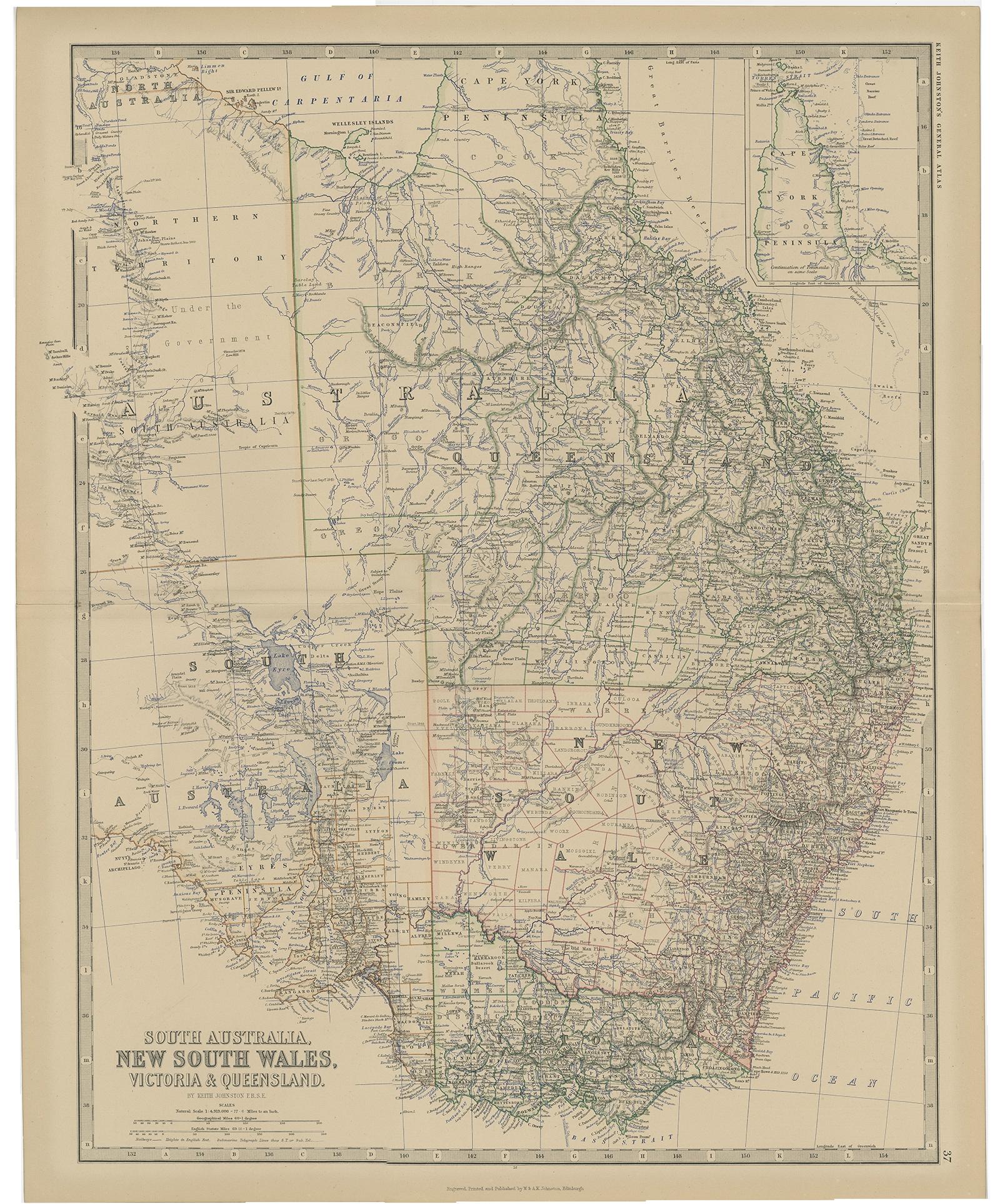Antique map titled 'South Australia, New South Wales, Victoria & Queensland'. 

Old map of Southern Australia, with an inset map of Cape York Peninsula. This map originates from 'The Royal Atlas of Modern Geography, Exhibiting, in a Series of