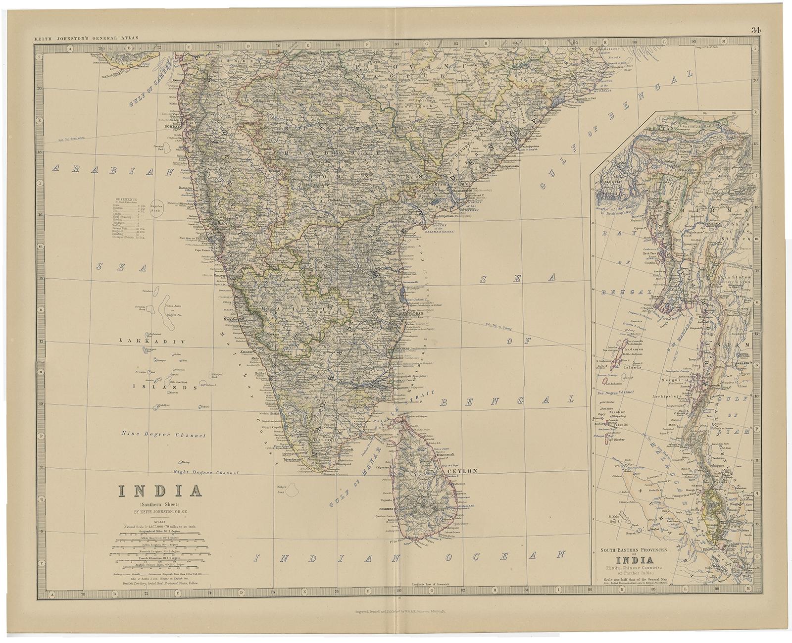 Antique map titled 'India (Southern Sheet)'. 

Old map of Southern India and Ceylon (Sri Lanka). With an inset map of the South-Eastern Provinces of India. This map originates from 'The Royal Atlas of Modern Geography, Exhibiting, in a Series of