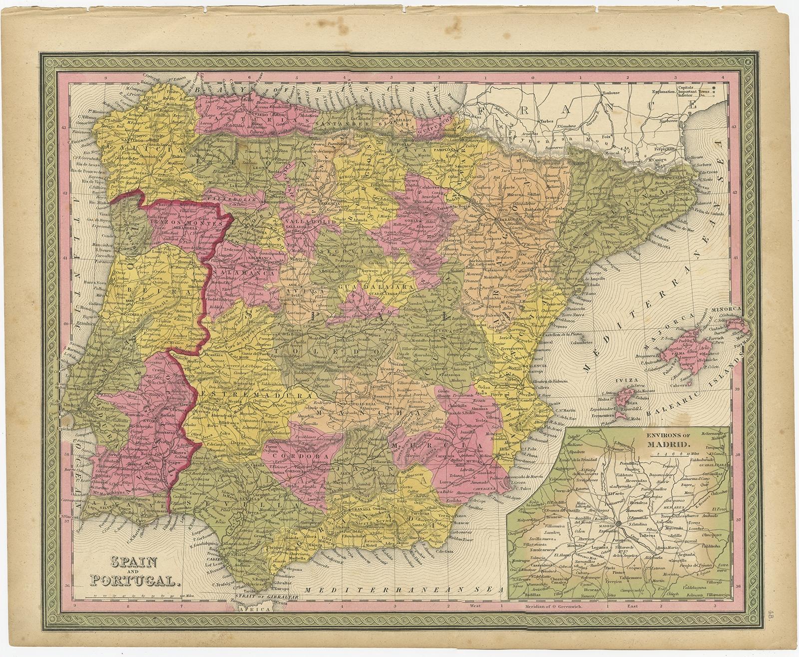 Antique map titled 'Kingdom of Spain and Portugal'. 

Old map of Spain and Portugal, with an inset map of the region of Madrid. This map originates from 'A New Universal Atlas Containing Maps of the various Empires, Kingdoms, States and Republics