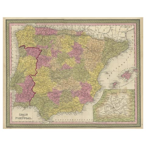Old Map of Spain and Portugal, with an Inset Map of the Region of Madrid, 1846