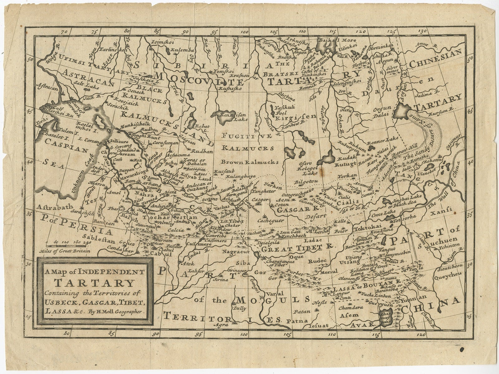 Antique map titled 'A Map of Independent Tartary, containing the territories of Usbeck, Gasgar, Tibet, Lassa & c'.

Old map depicting east of the Caspian Sea with parts of Persia, Siberia, the Mogul territories and on to western China. This map