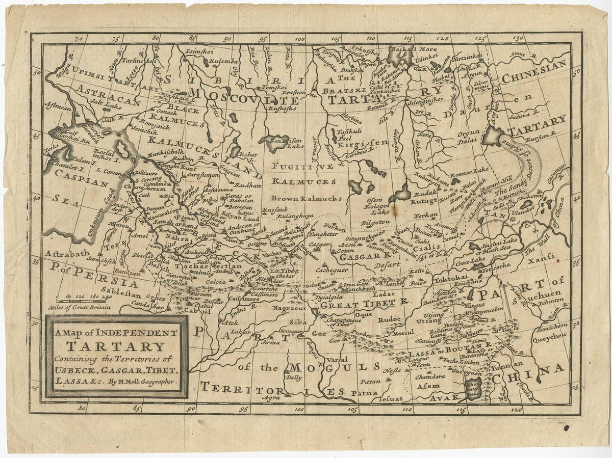Old Map of Tartary with Persia, Siberia, the Mogul Territories & China, ca.1717