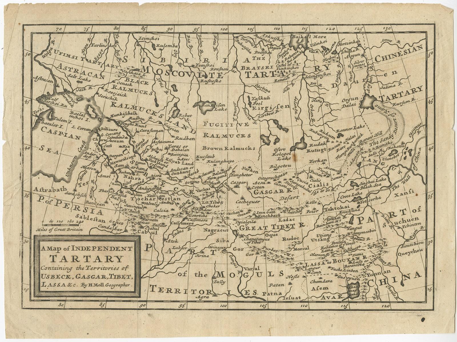Ancienne carte de Tartary avec la Perse, la Sibérie, les territoires moghols et la Chine, vers 1717 Bon état - En vente à Langweer, NL