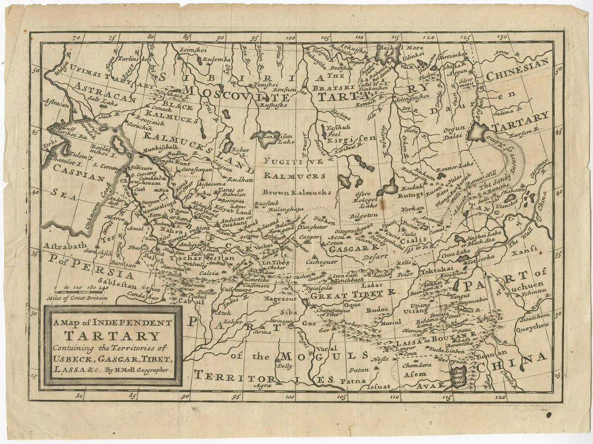 Old Map of Tartary with Persia, Siberia, the Mogul Territories & China, ca.1717
