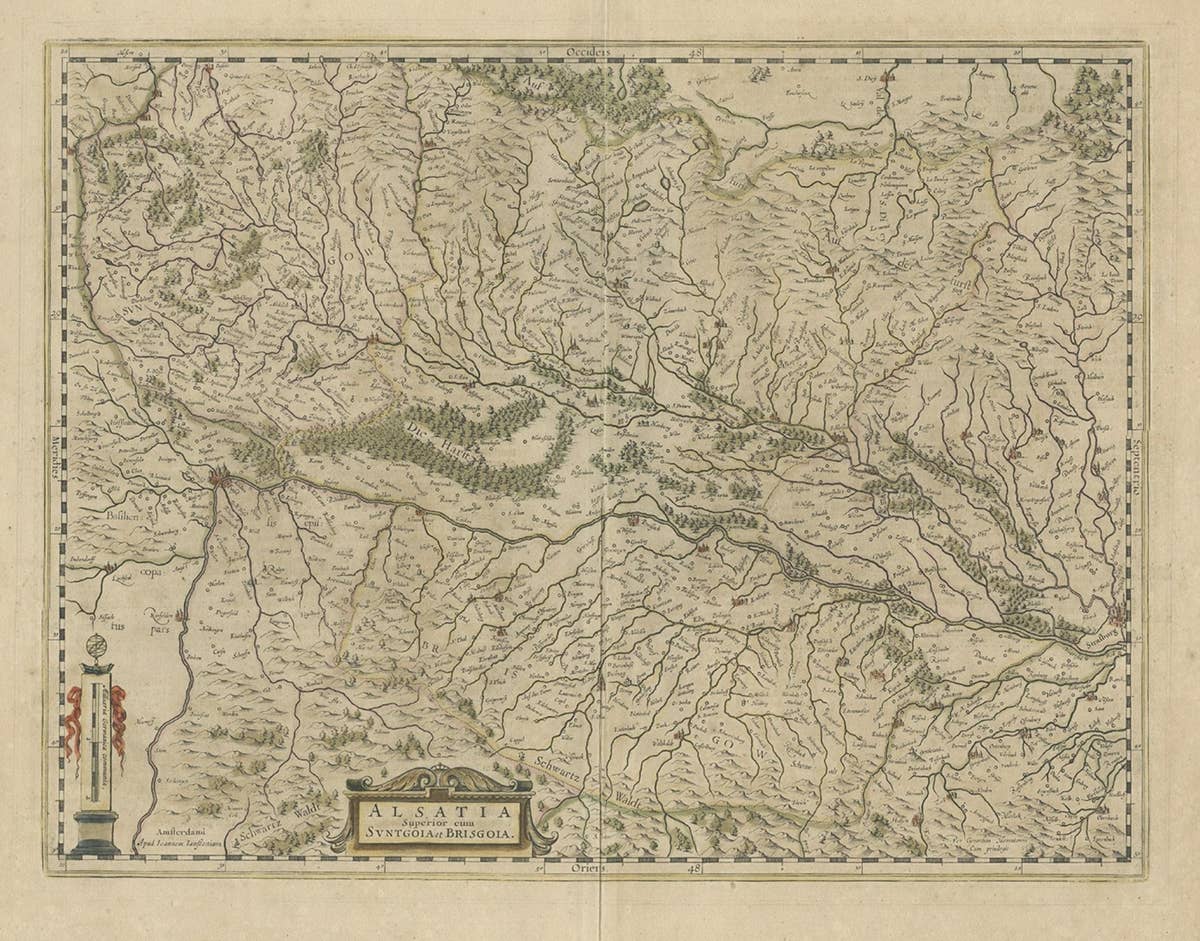 Old Map of the Alsace 'Elzas' Region with Lotharingen 'Lorraine', France, c1650