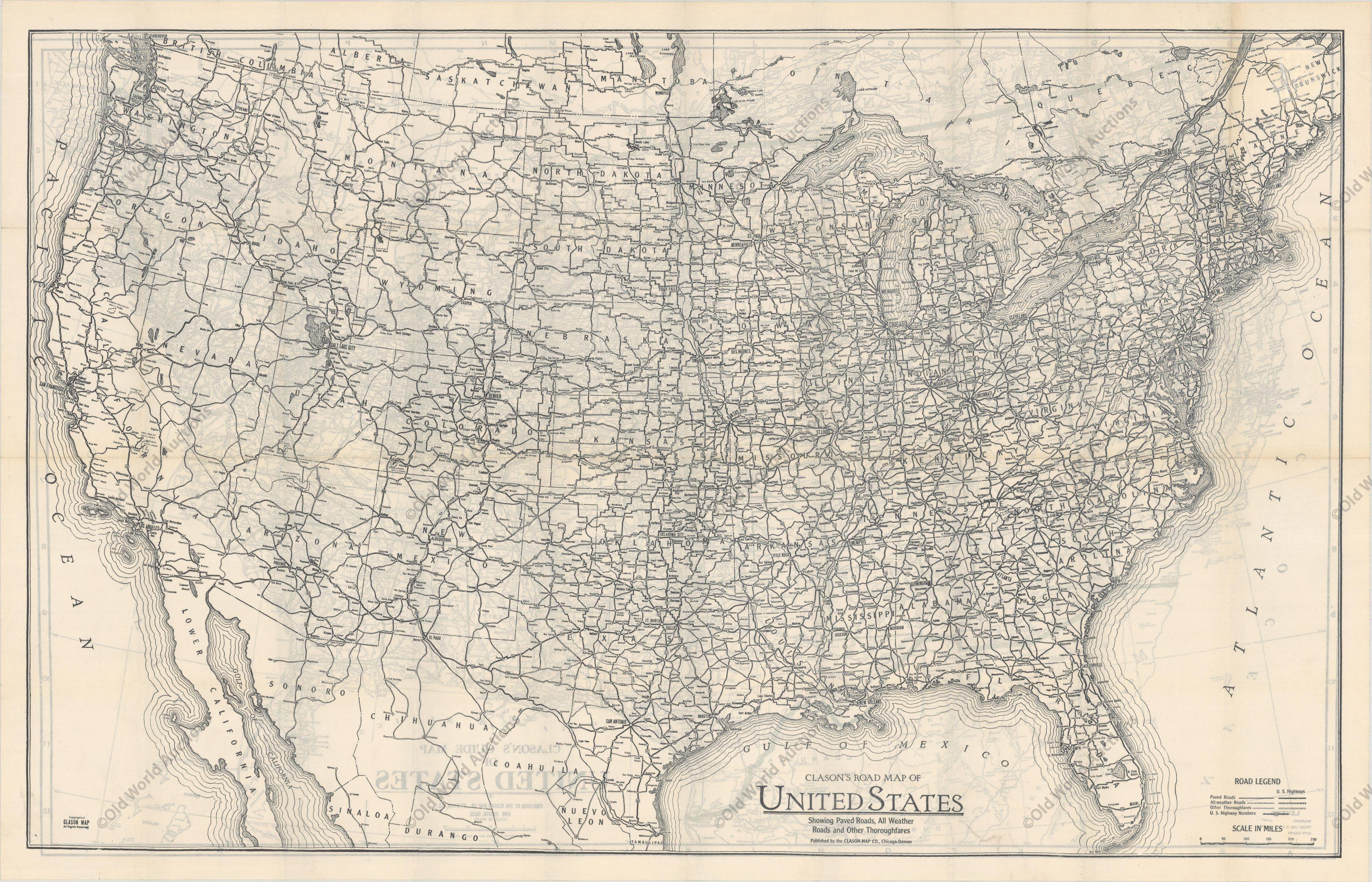 This is the “New Census Edition” of Clason’s United States Green Guide. It features two large maps of the United States on a single sheet. 

The recto map shows the complete road network in the country with a legend identifying paved roads, all