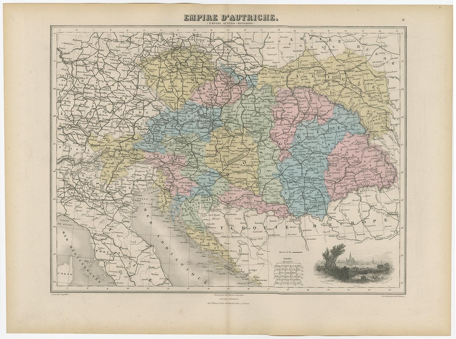 Antique map titled 'Empire d'Autriche'. 

Old map of the Austrian Empire. With decorative vignette with a view of Vienna. This map originates from 'Géographie Universelle Atlas-Migeon' by J. Migeon.

Artists and Engravers: Published by J.