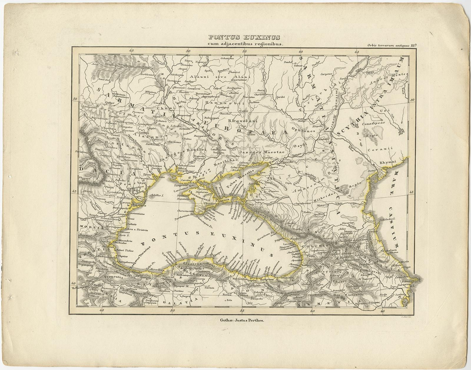 Antique map titled 'Pontus Euxinus'. Old map of the black Sea and surroundings originating from 'Orbis Terrarum Antiquus in usum Scholarum'. 

Artists and Engravers: Published by Justus Perthes, 1848.