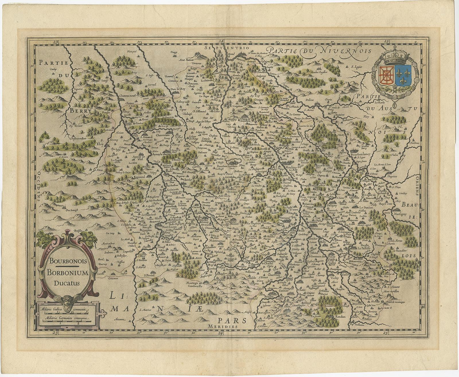 Antique map titled 'Bourbonois - Borbonium Ducatus'. 

Old map of the Bourbonnais region of France. Bourbonnais was a historic province in the centre of France that corresponds to the modern département of Allier, along with part of the