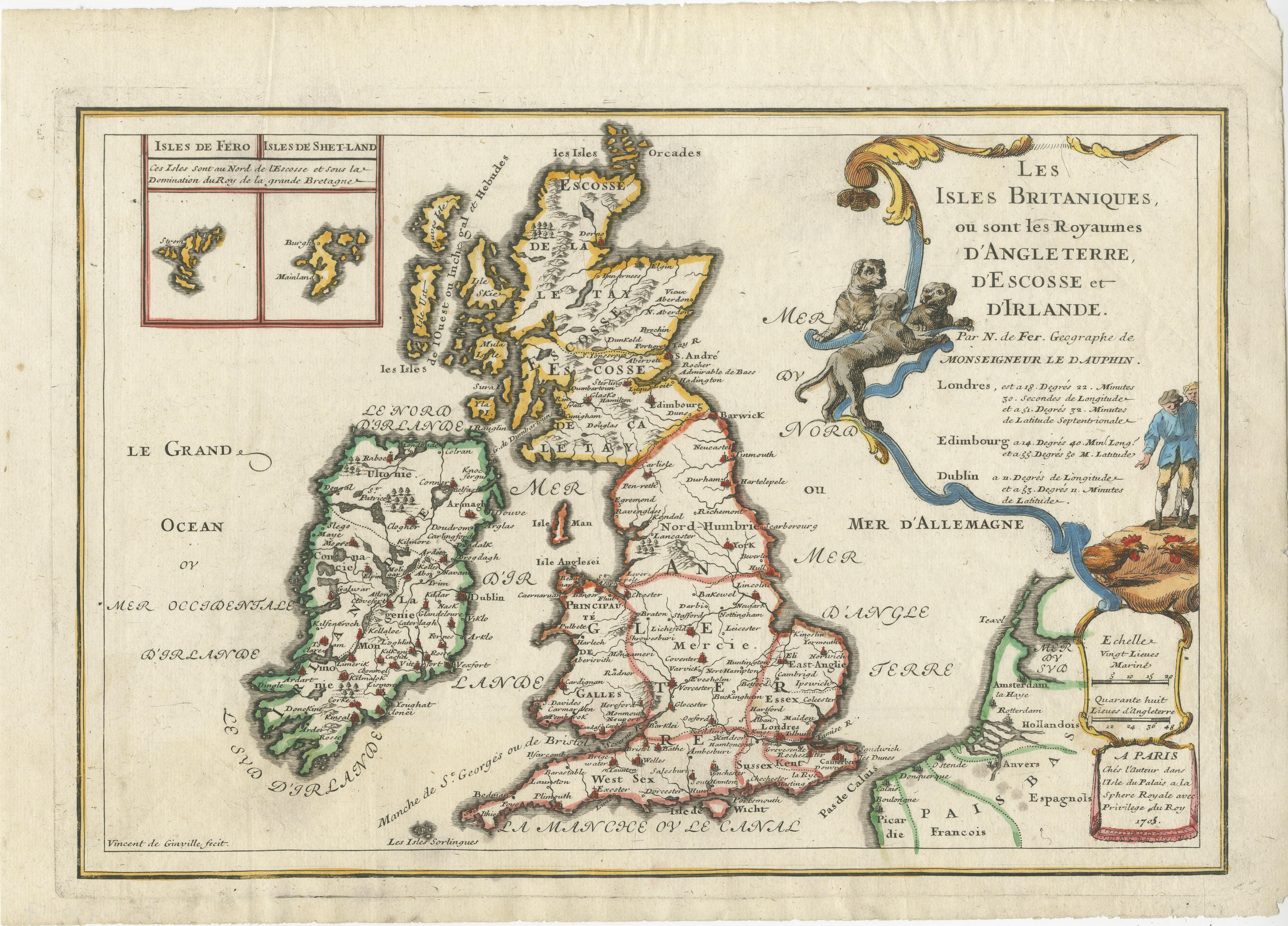 Antique map titled 'Les Isles Britaniques ou sont les Royaumes d'Angleterre (..)'. Original old map of the British Isles with inset maps of the Faroes and Shetlands. The title cartouche depicts dog-fighting and cock-fighting, the French perception