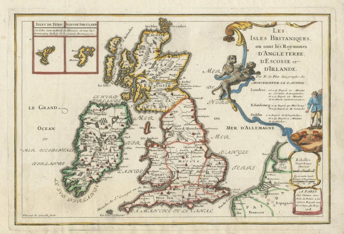 Old Map of the British Isles with the Faroes and Shetlands, Showing Cock Fights