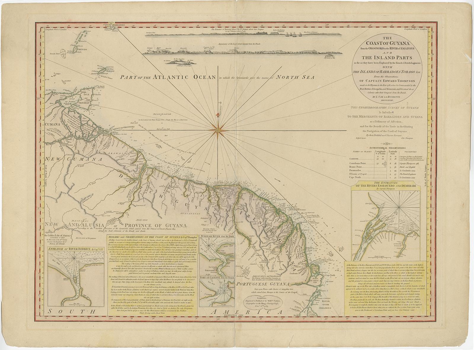 Antique map titled 'The Coast of Guyana from the Oroonoko to the River of Amazons and the Inland Parts (..)'. 

Old map of the coast of Guyana with four inset maps of the entrances to the Berbice, Suriname, Cayenne and Essequibo rivers. From